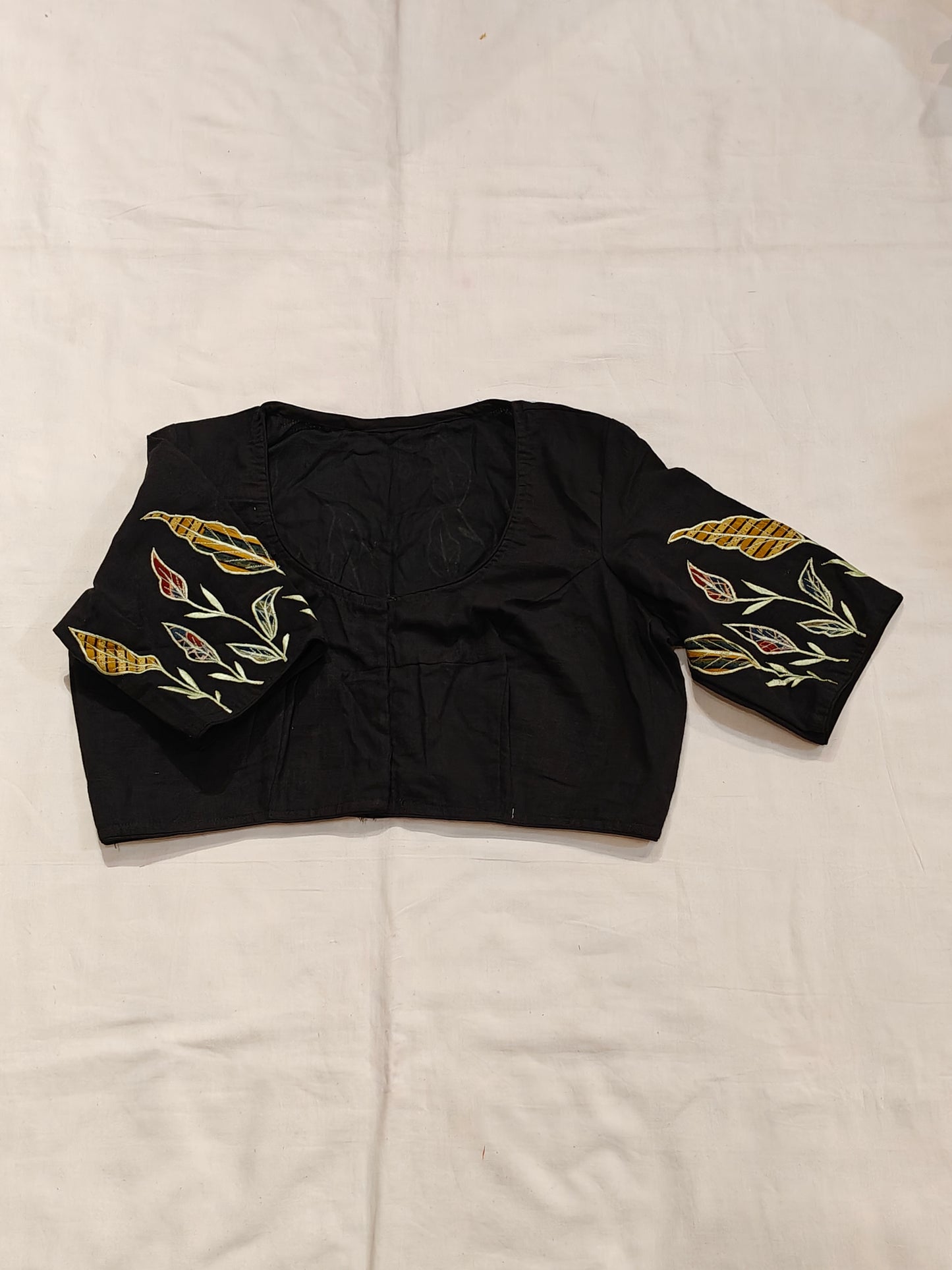 Black ajrakh patched leaves embroidered handloom cotton blouse