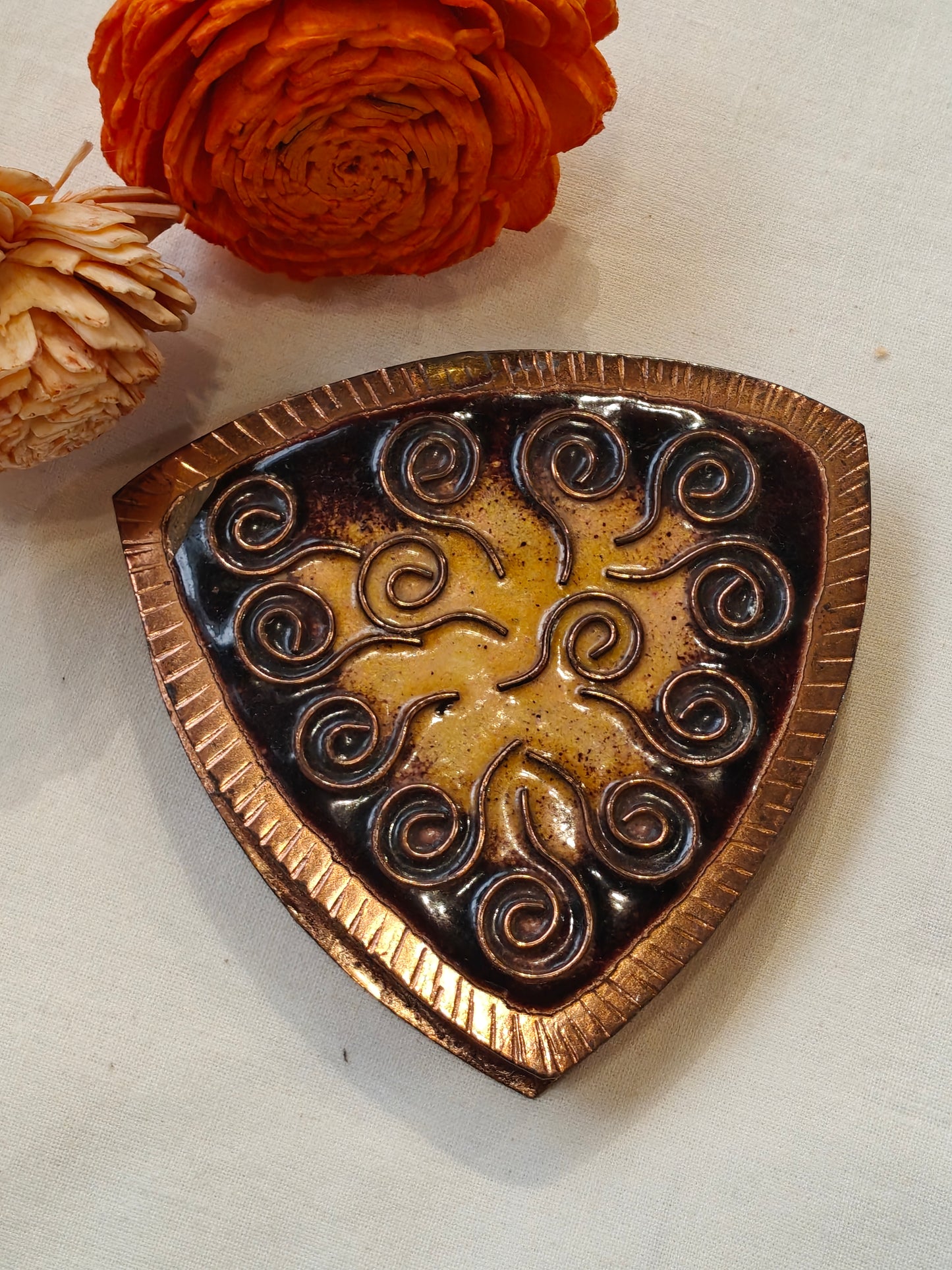 Triangular trinket box in copper with enamel art on lid - handcrafted