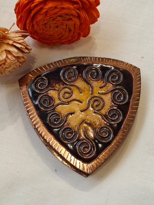 Triangular trinket box in copper with enamel art on lid - handcrafted
