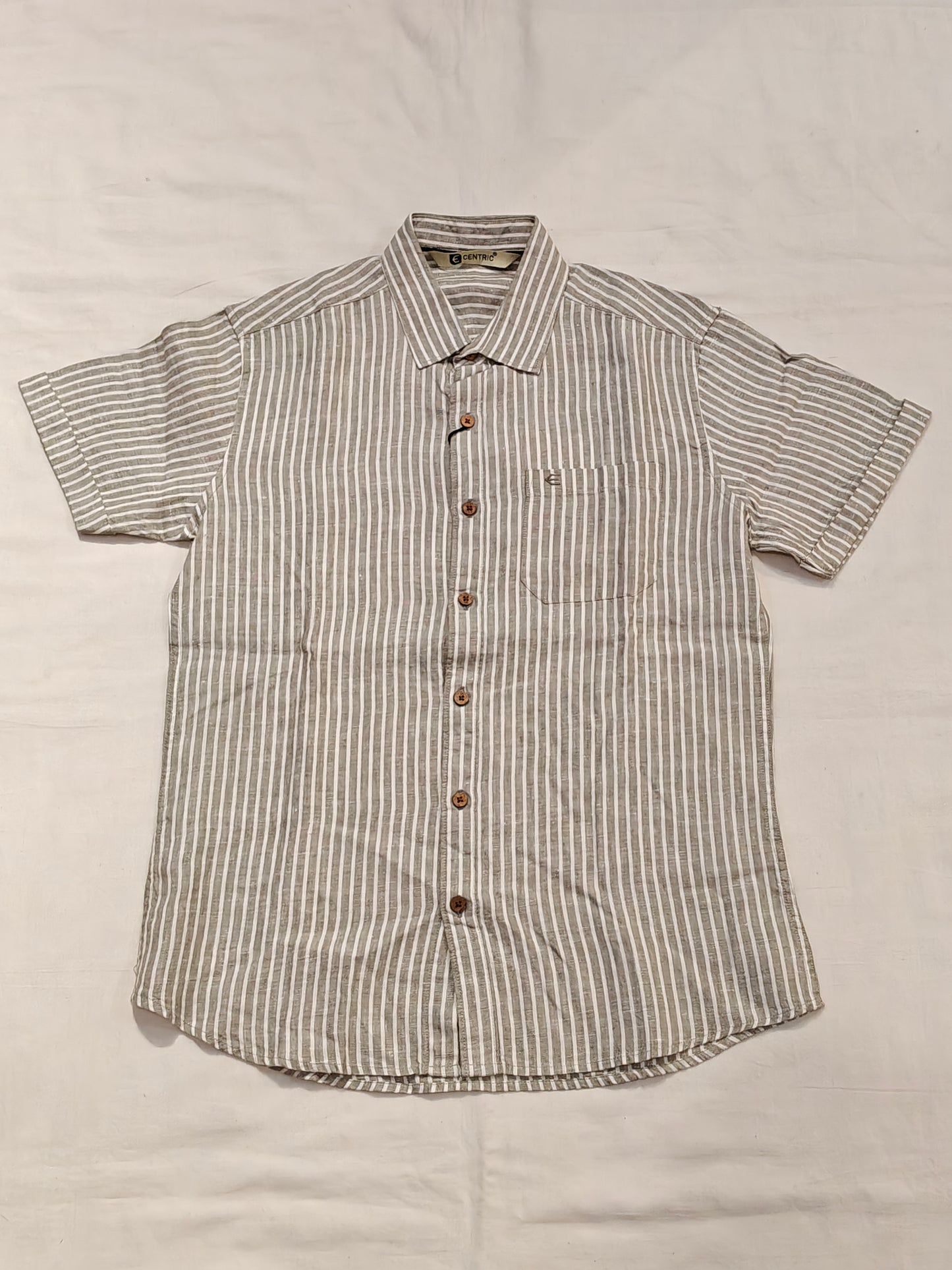 Olive and white vertical striped half sleeved men's hempshirt