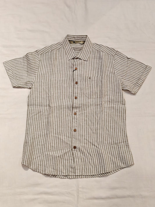 Olive and white vertical striped half sleeved men's hempshirt