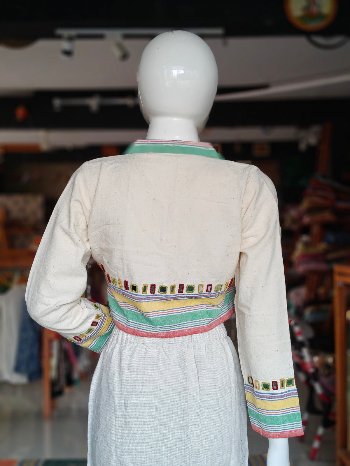 Off white with colorful band borders Kala cotton handwoven mirror work full sleeves blouse