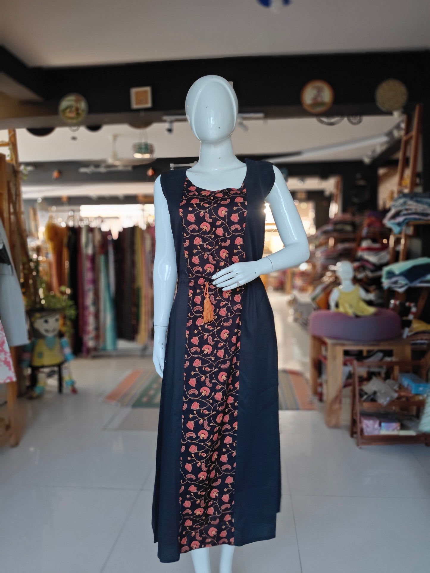 Black with floral printed centre panel cotton dress