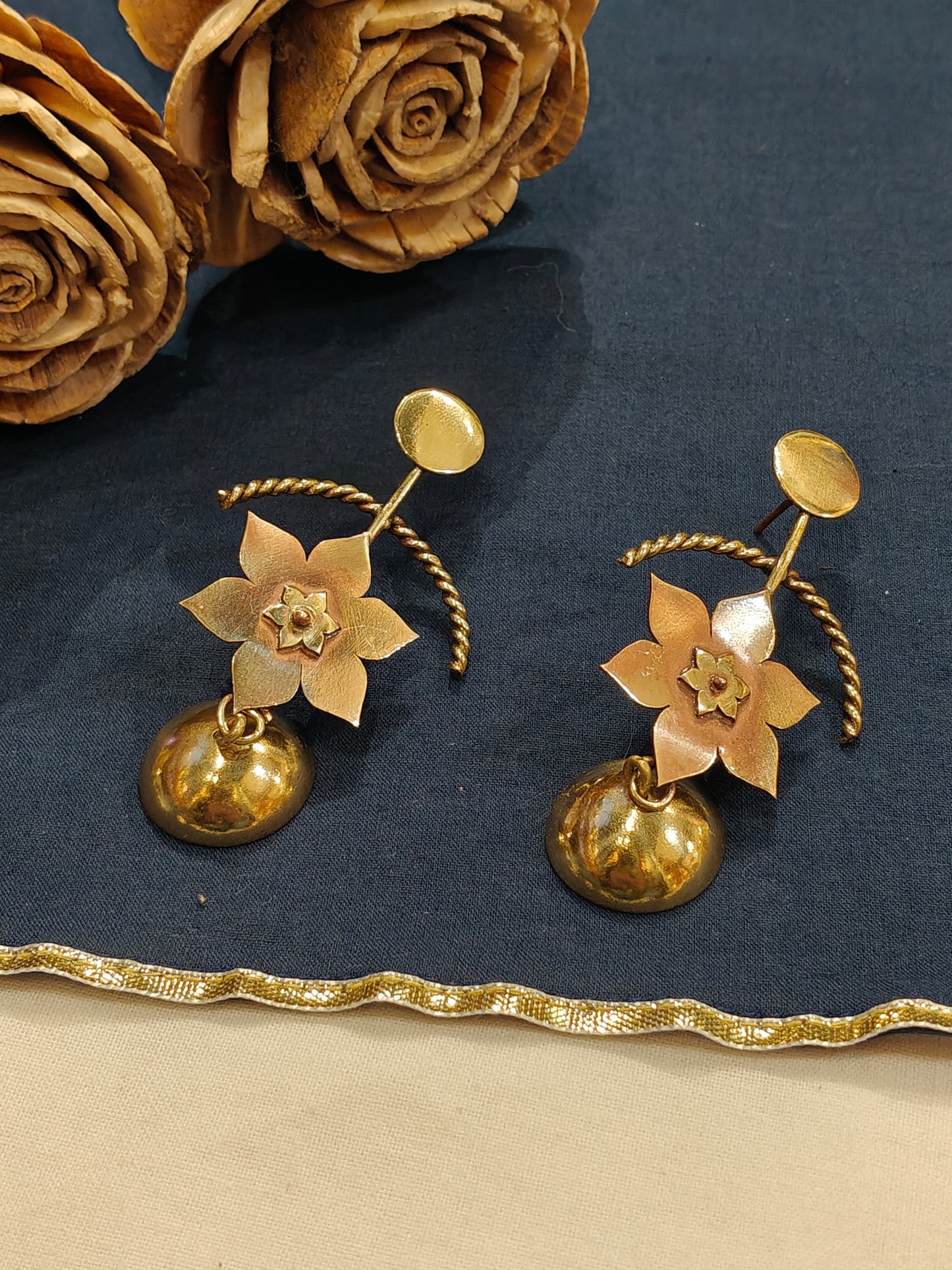 Flower bloom design drop jhumki earrings - handcrafted in copper and brass