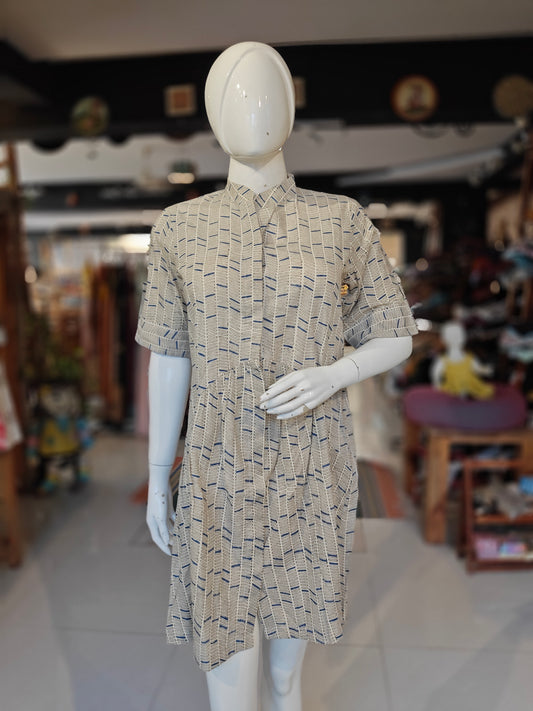 Cream indigo rectangles hand block printed cotton shirt style dress
