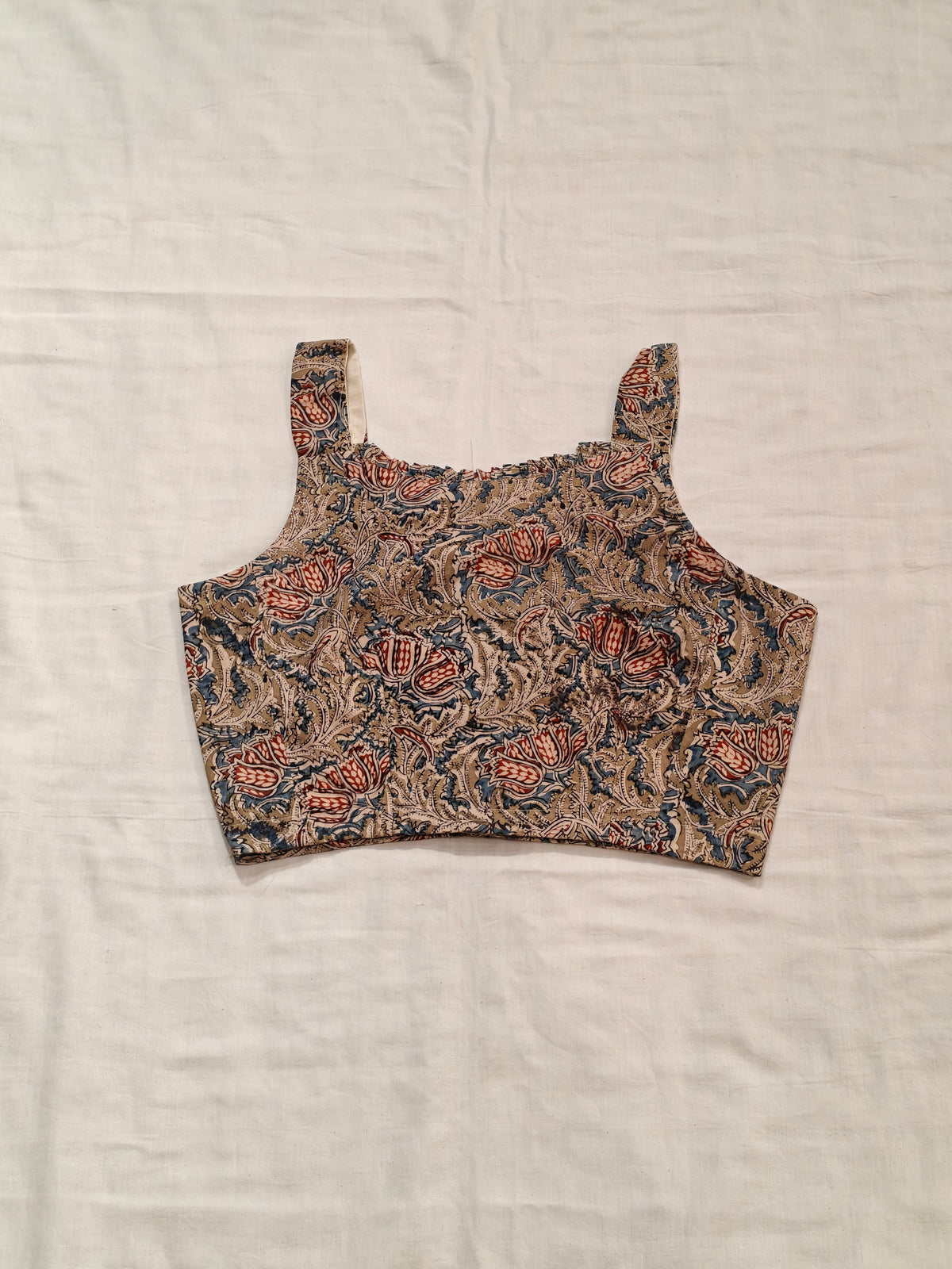 Red olive and beige kalamkari hand block printed floral printed cotton blouse  - back open, sleeveless