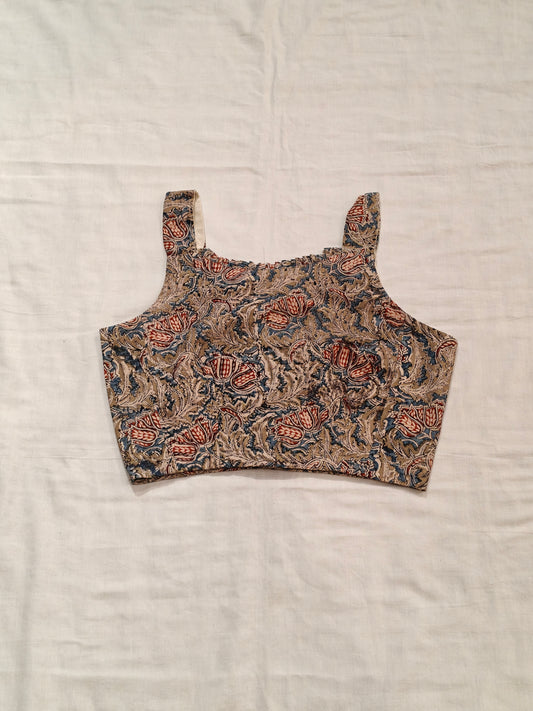 Red olive and beige kalamkari hand block printed floral printed cotton blouse  - back open, sleeveless