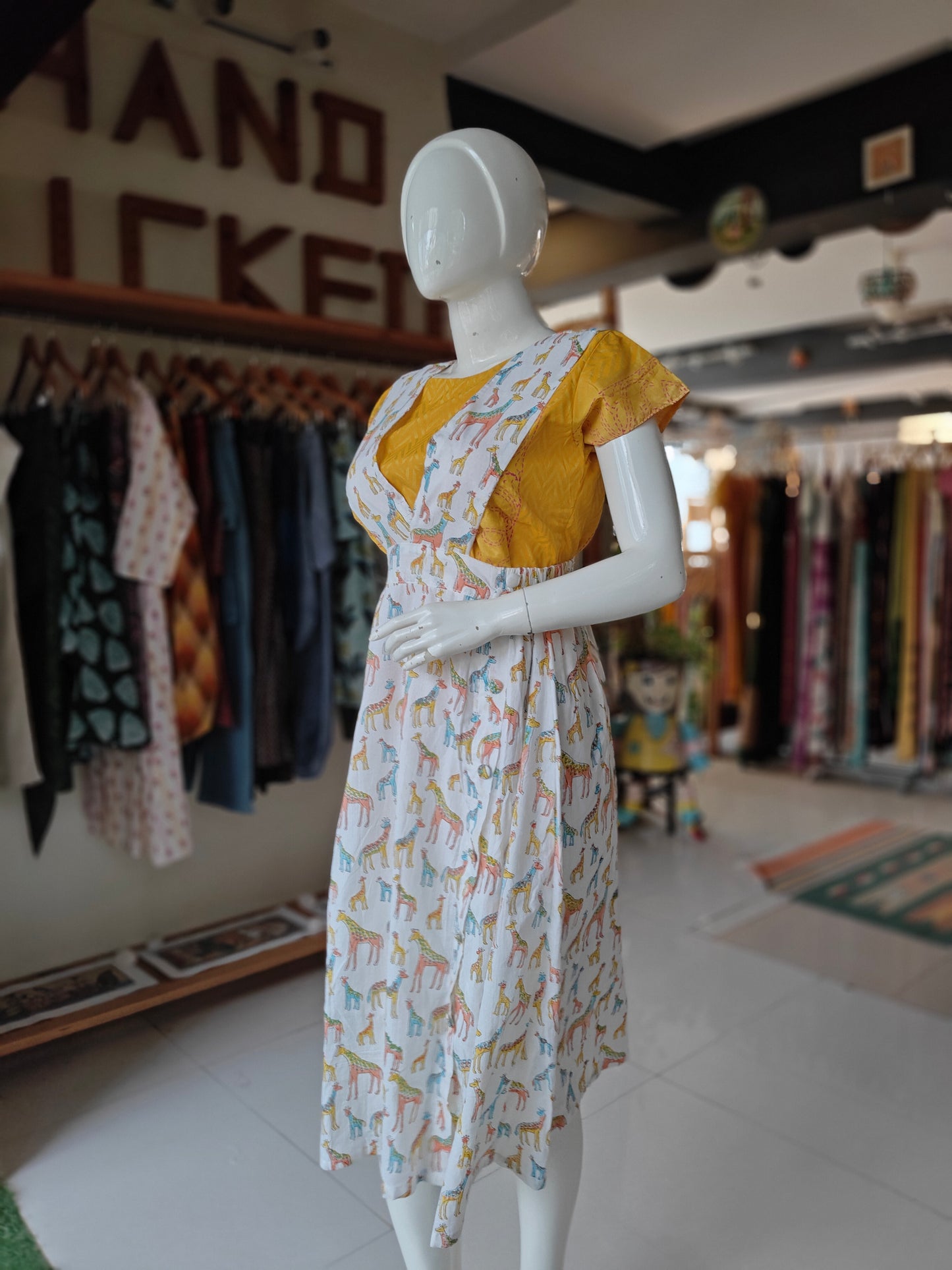 White with giraffes handblock printed cotton pinafore dress