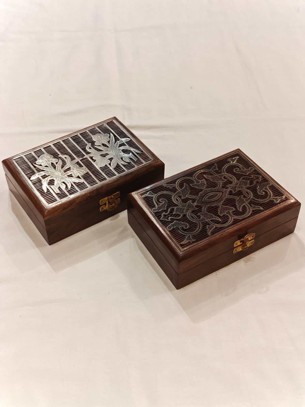 Brass inlay work wooden jewellery box - 7 × 5 × 2 Inches