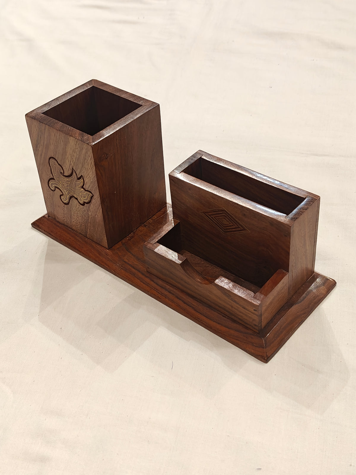 Brass inlay work wooden multipurpose desk organizer