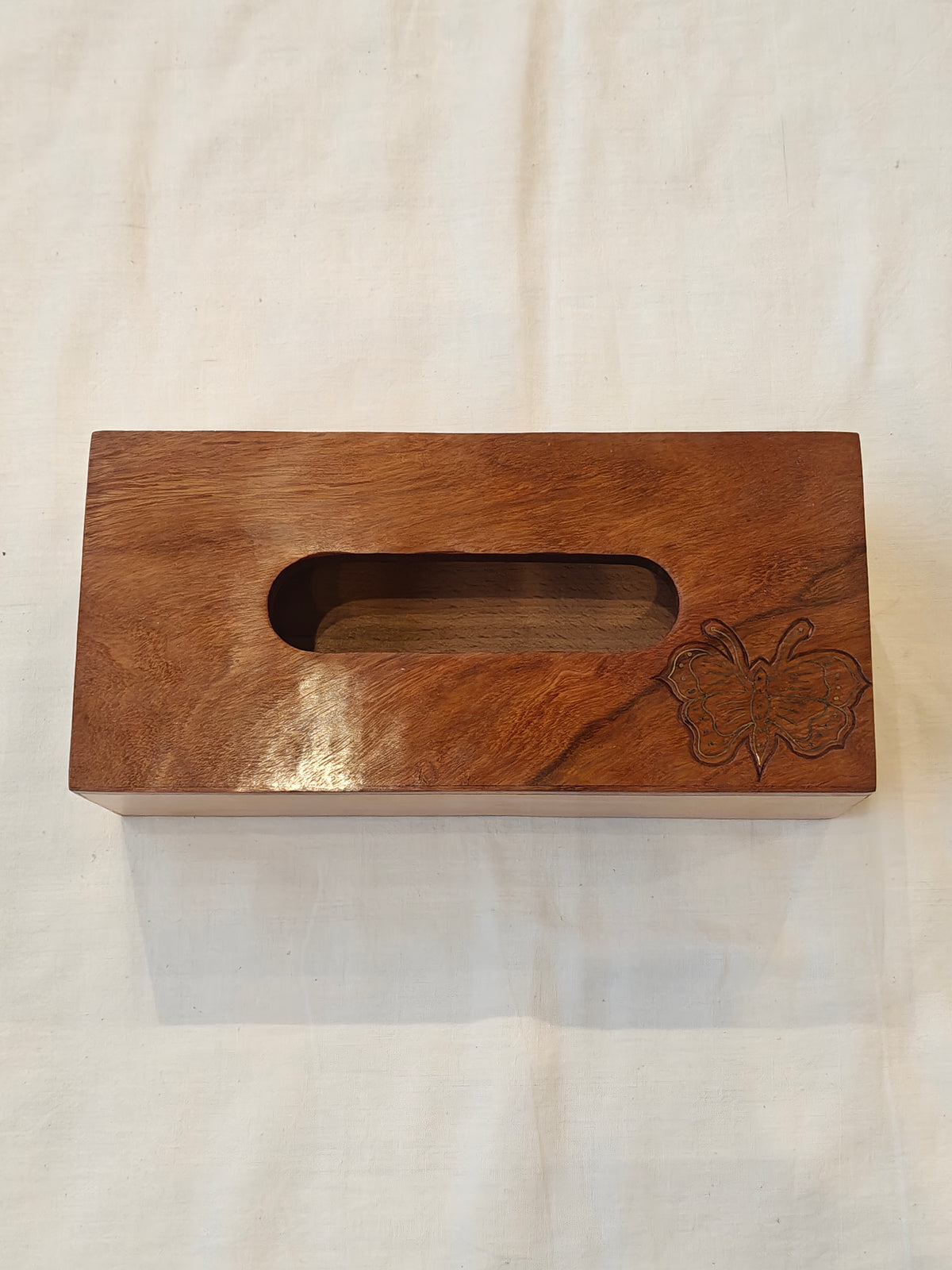 Wooden tissue holder with brass inlay butterfly design