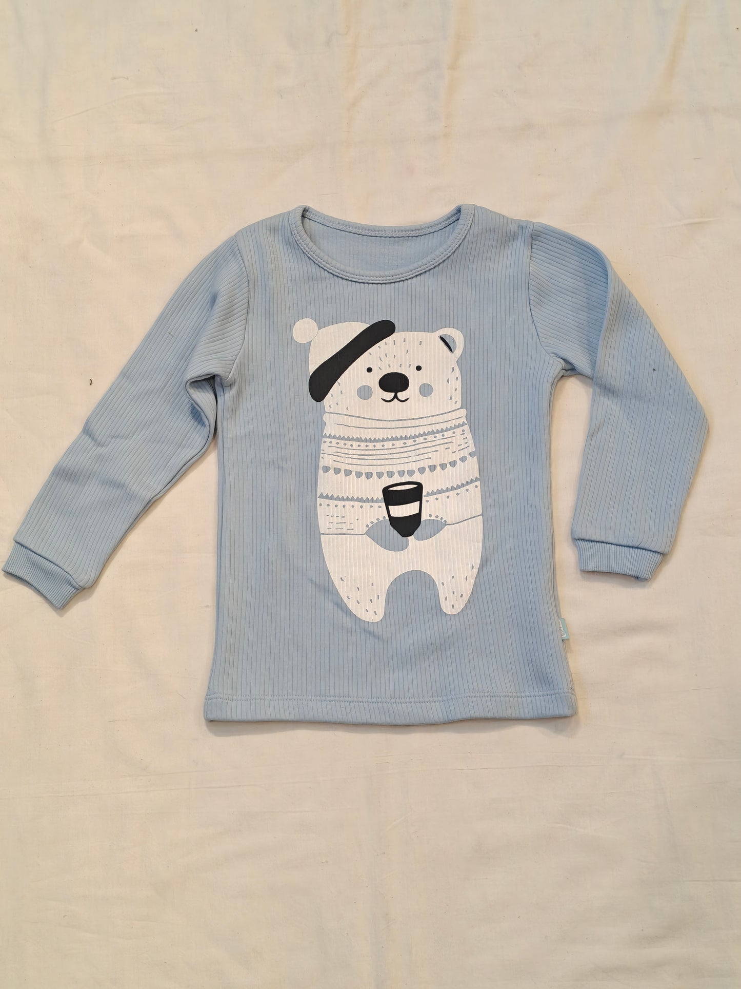 Blue thermal full sleeve top and pant set for kids with bear print