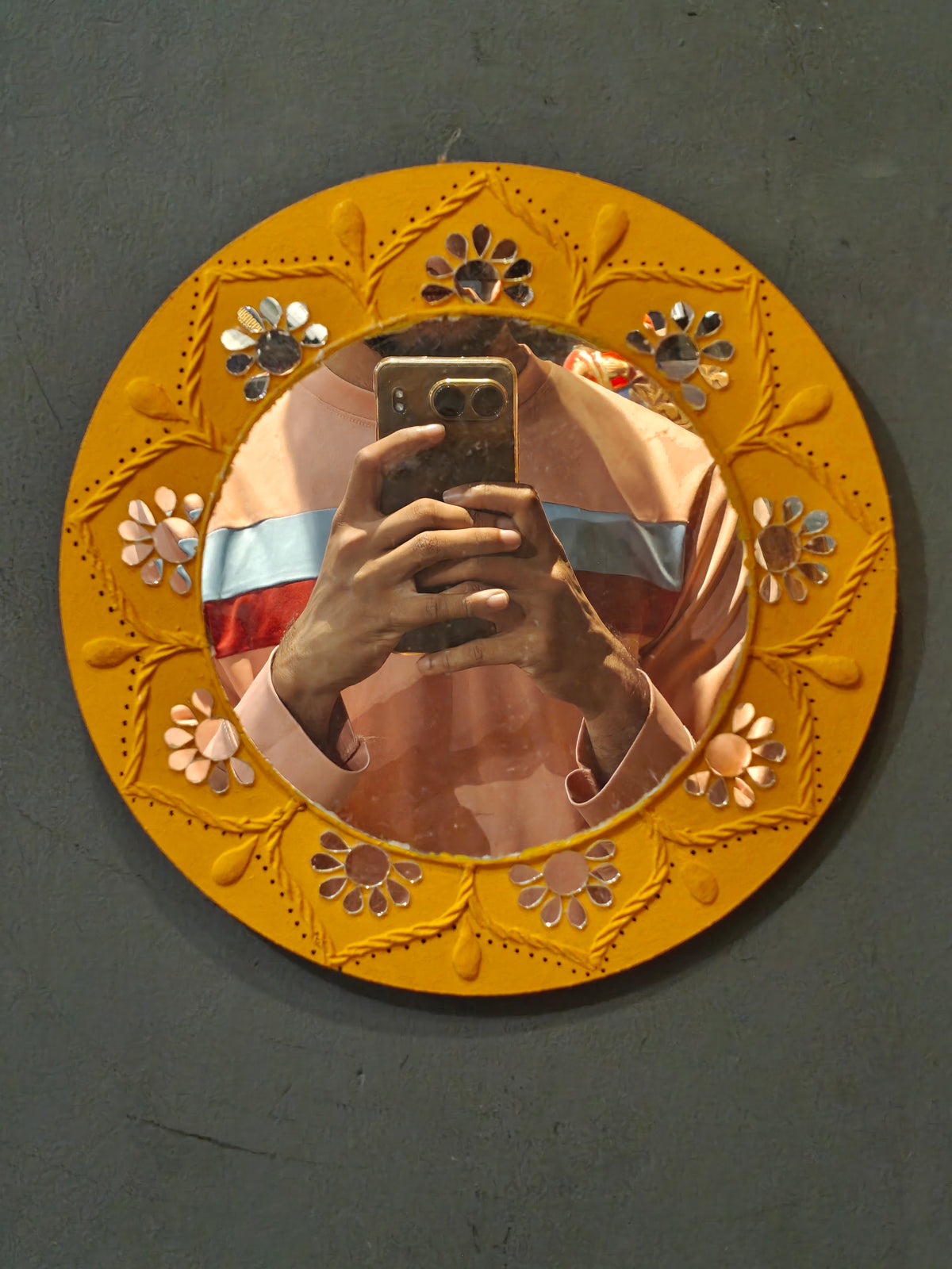 Yellow round lippan mud art mirror work handmade wall plate