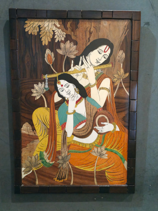 Krishna playing flute alongside Radha - wood inlay work handcrafted wall frame