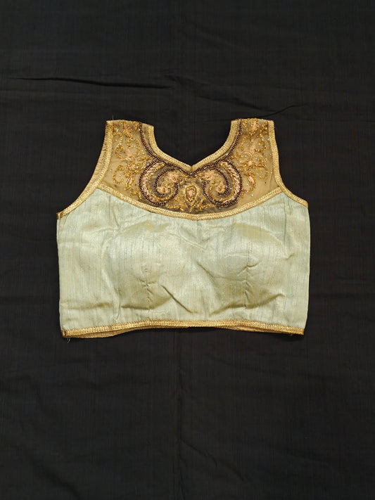 Pistachio and gold with net and bead embroidered neckline raw silk blouse - back open