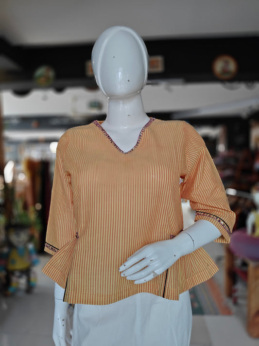 Orange and white striped cotton peplum top with embroidered V neck and sleeves
