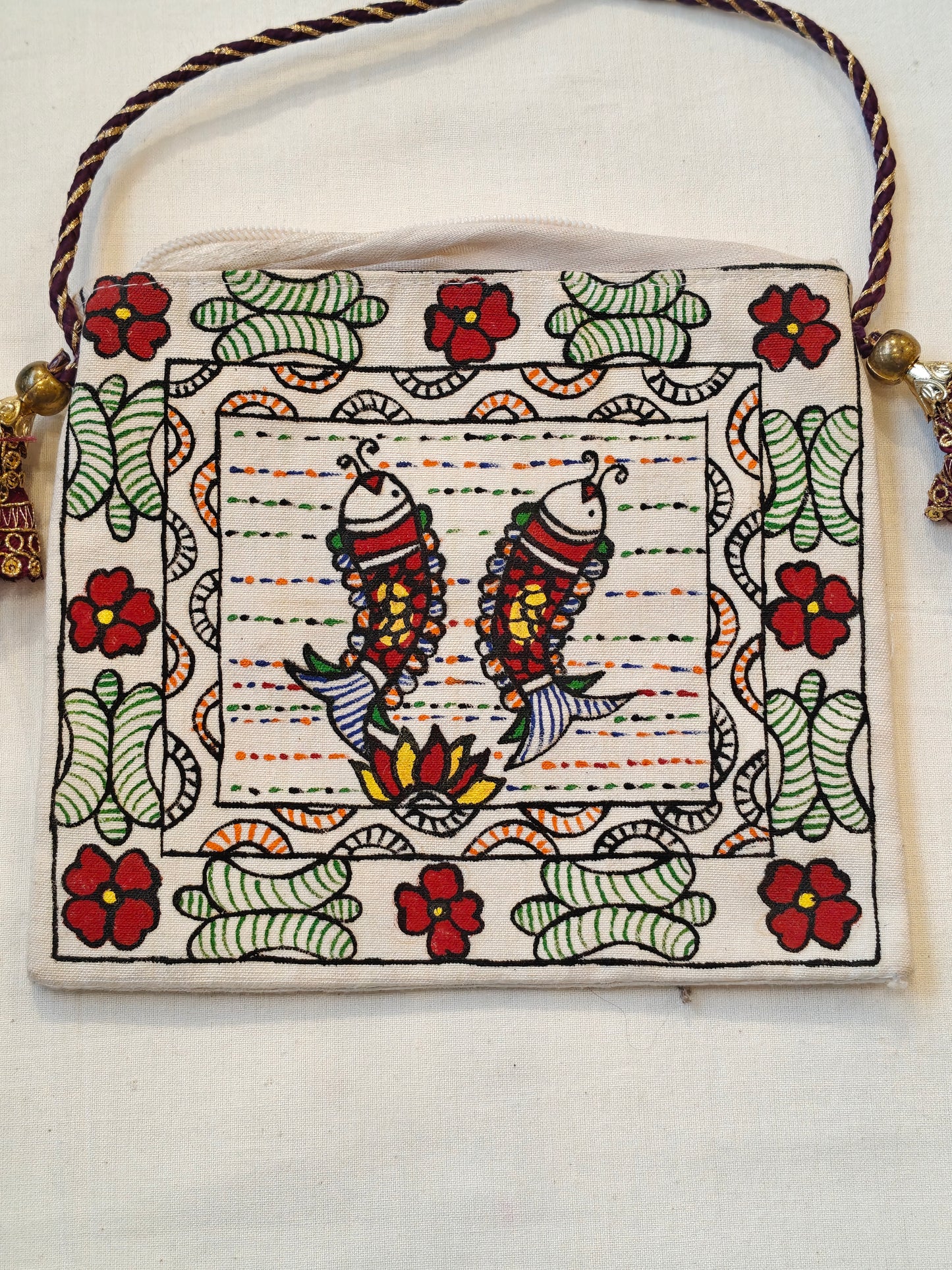 Handpainted on off white base fabric pouch with zipper closure, Tassles and sling - multiple designs available