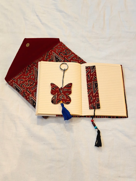 Handmade paper notebook with eco leaf printed fabric cover, hand crafted bookmark, key ring / charm and a container pouch - 4 piece gift set