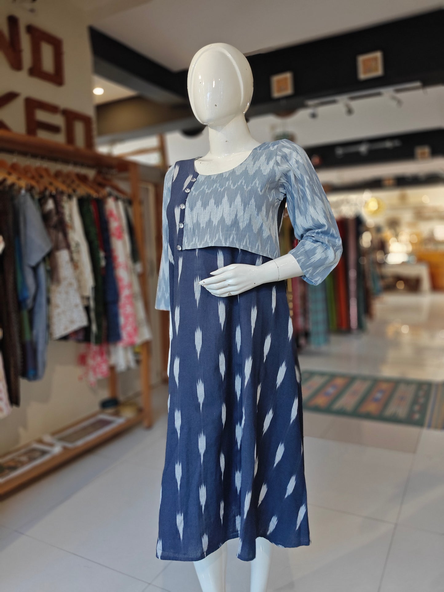 Navy blue and grey ikat jacket style cotton dress
