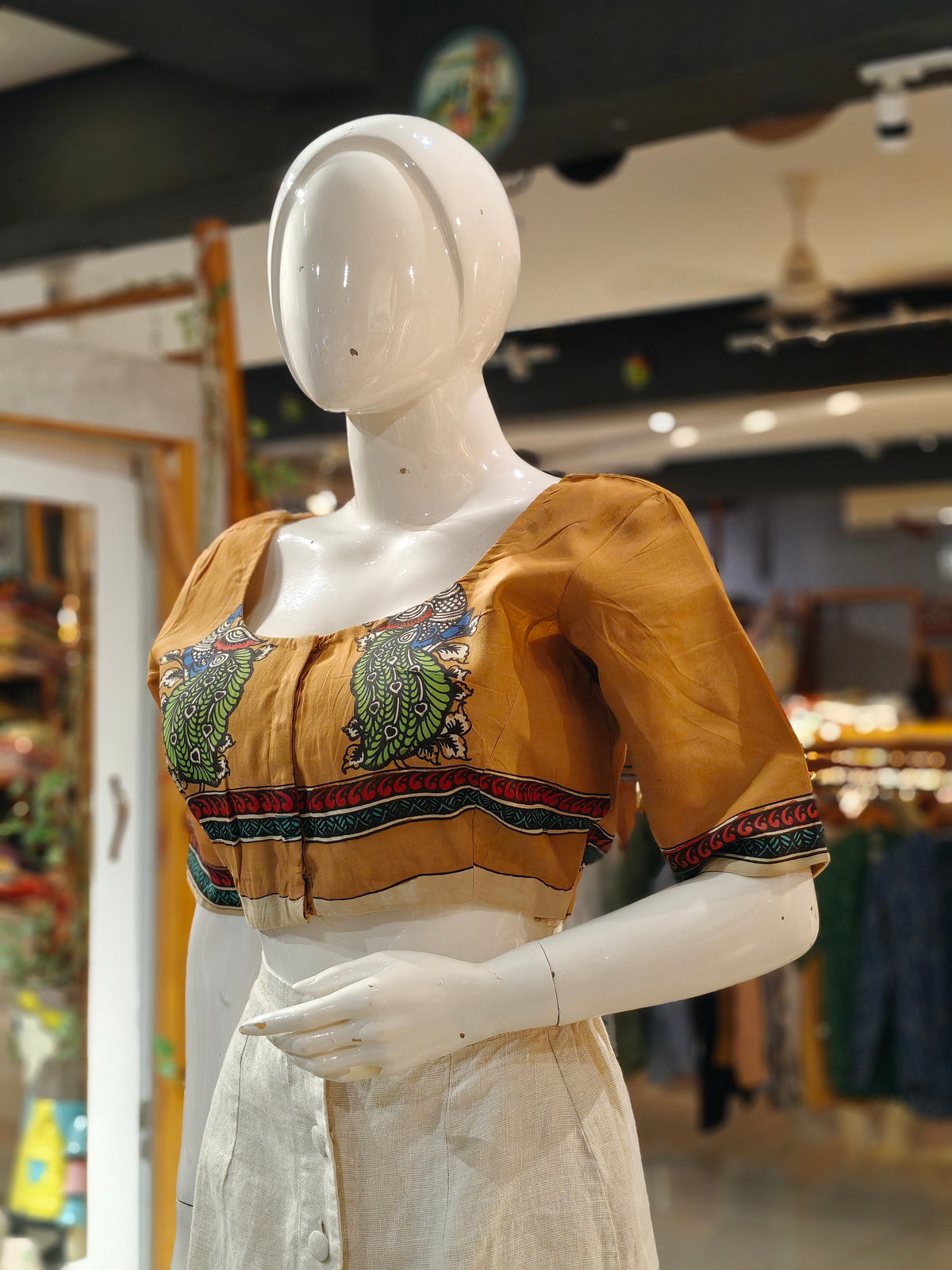 Golden Caramel peacocks on front n back hand-painted pen kalamkari silk blouse