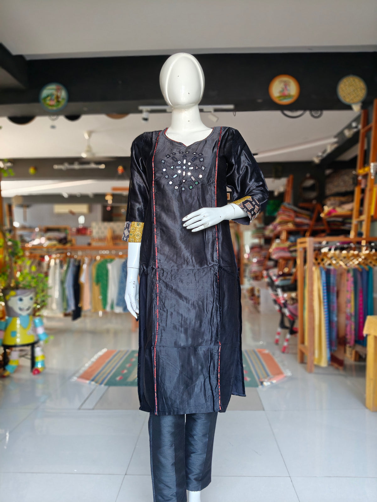 Black mirror work mashru kurti with Ajrakh prints on sleeves
