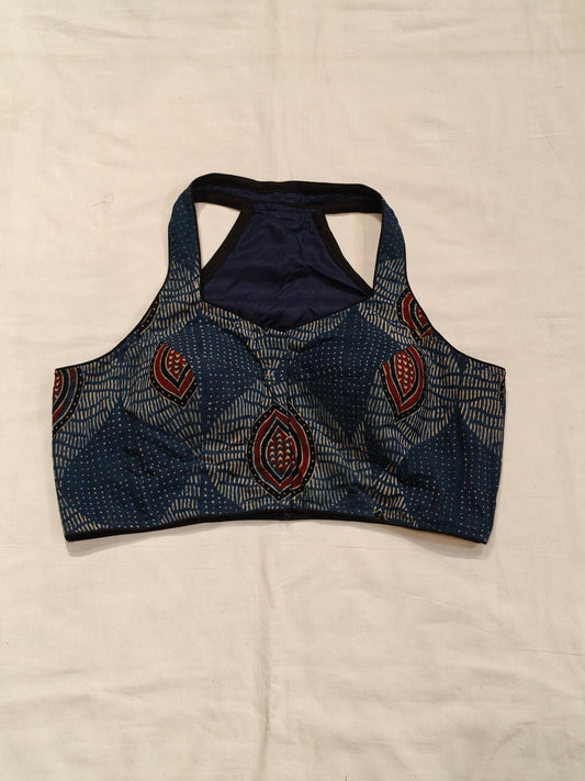 Indigo n maroon Ajrakh handblock printed halter neck blouse