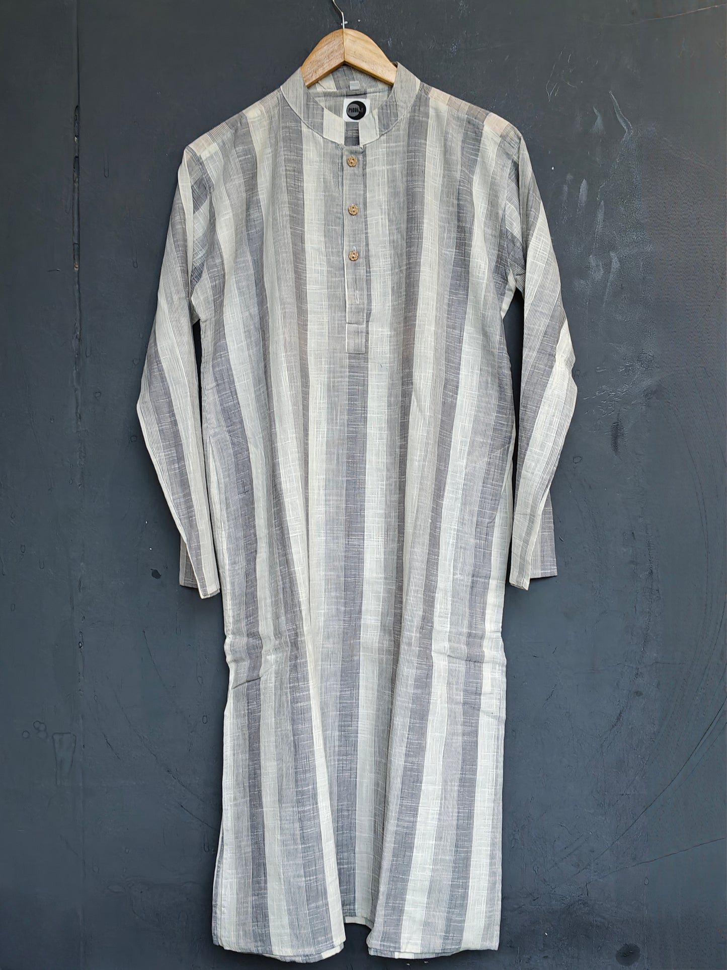 Grey and white striped cotton long kurta for men