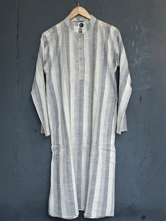 Grey and white striped cotton long kurta for men