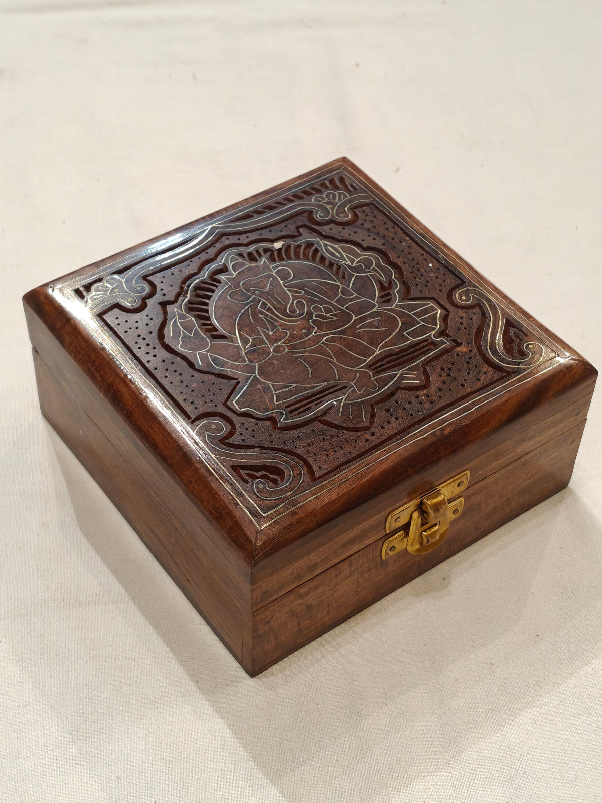 Brass inlay work wooden jewellery box - 5 × 5 × 2.5 Inches