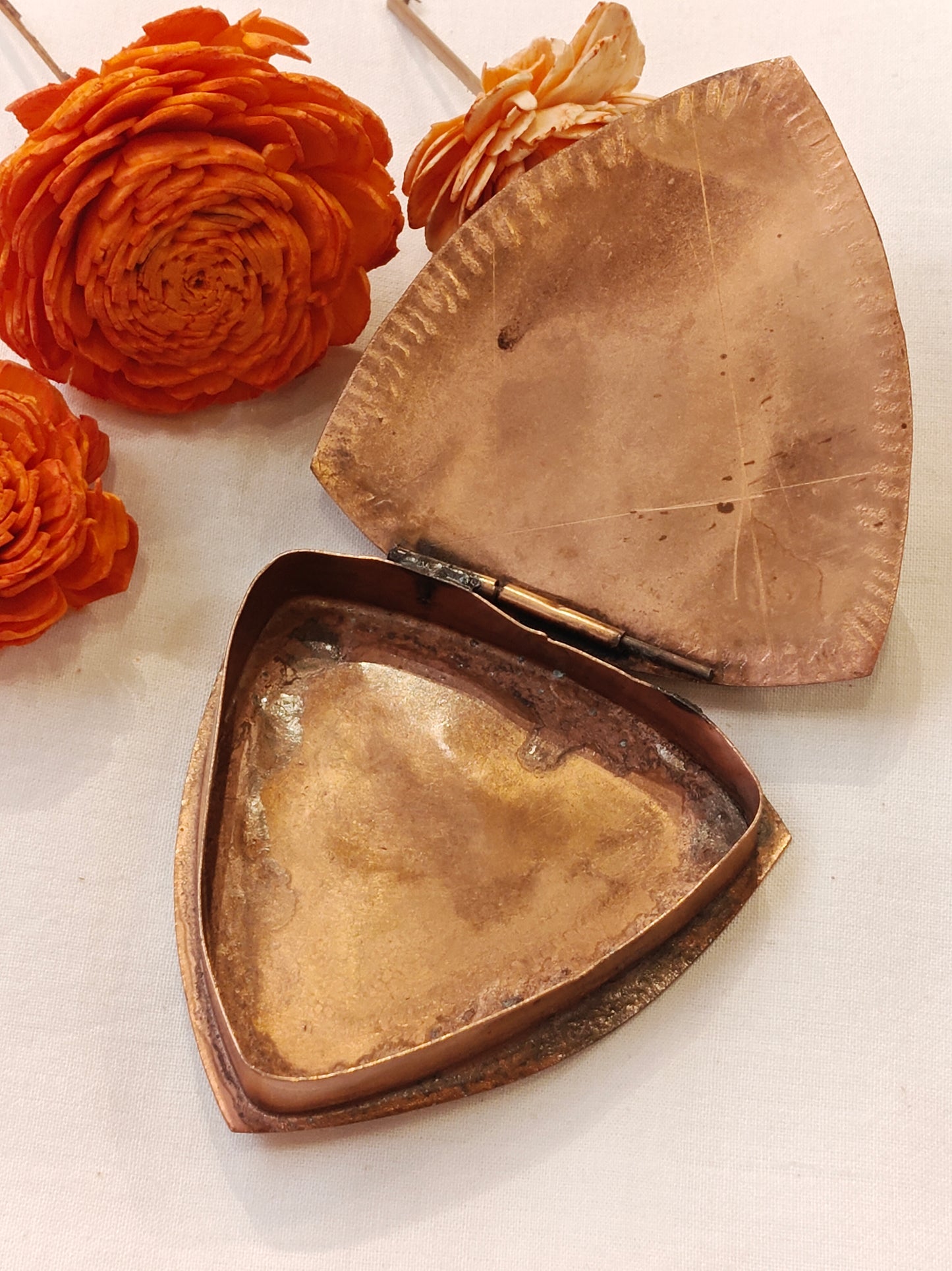 Triangular trinket box in copper with enamel art on lid - handcrafted