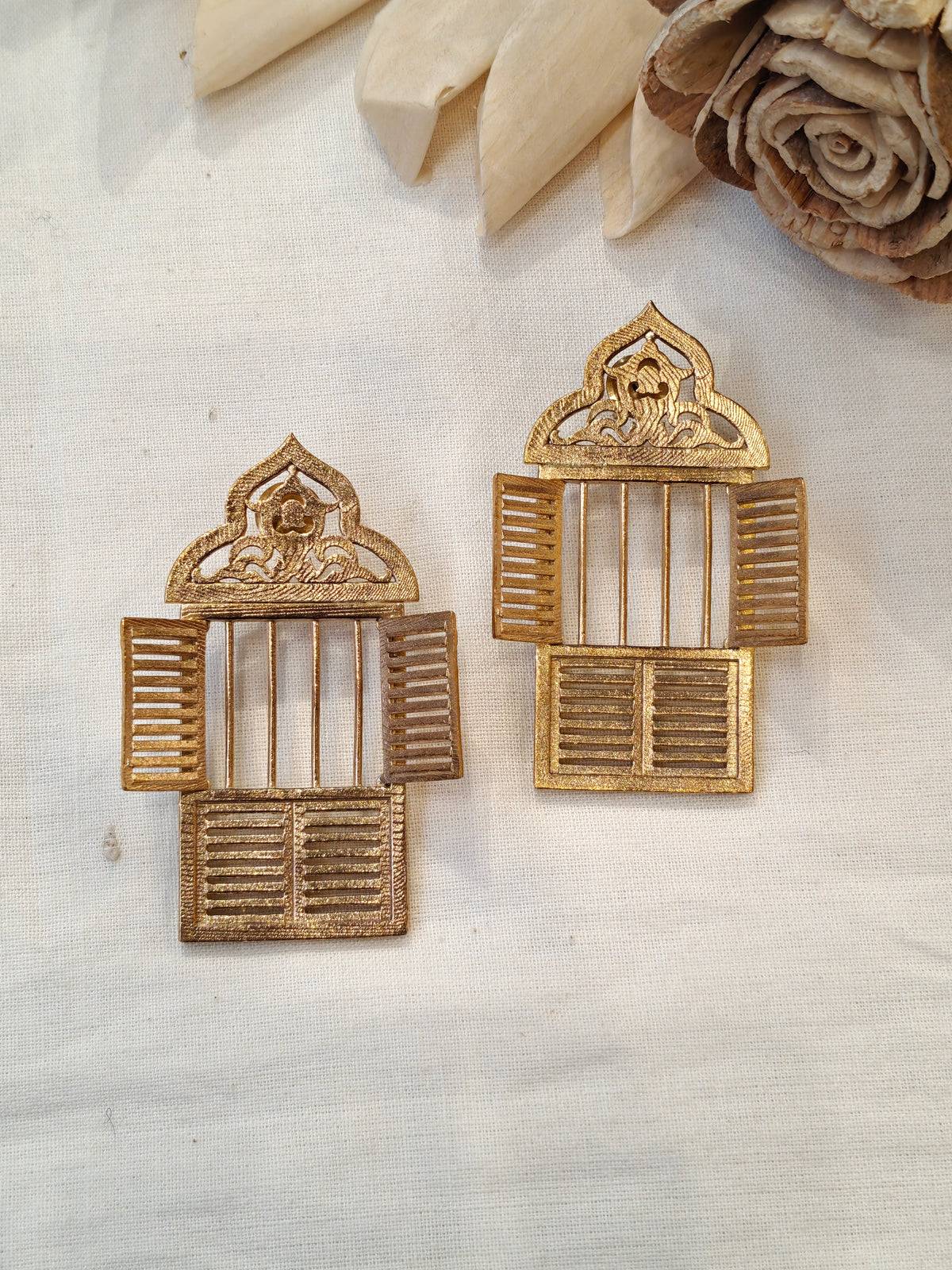 Brass architectural window-style earrings