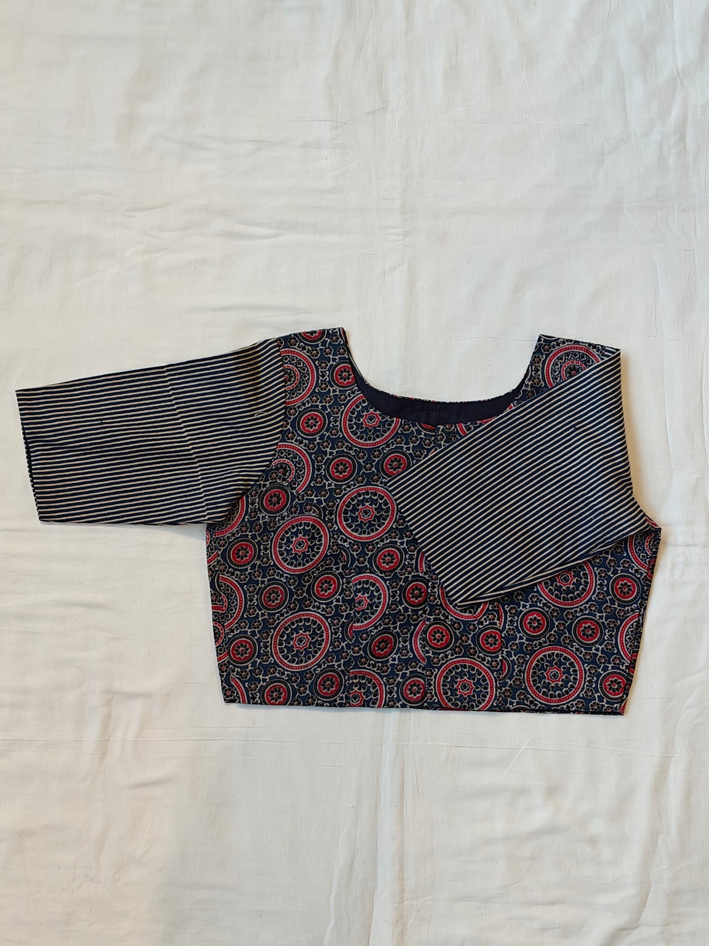 Indigo and maroon Ajrakh back batch embroidered boat neck half sleeves blouse