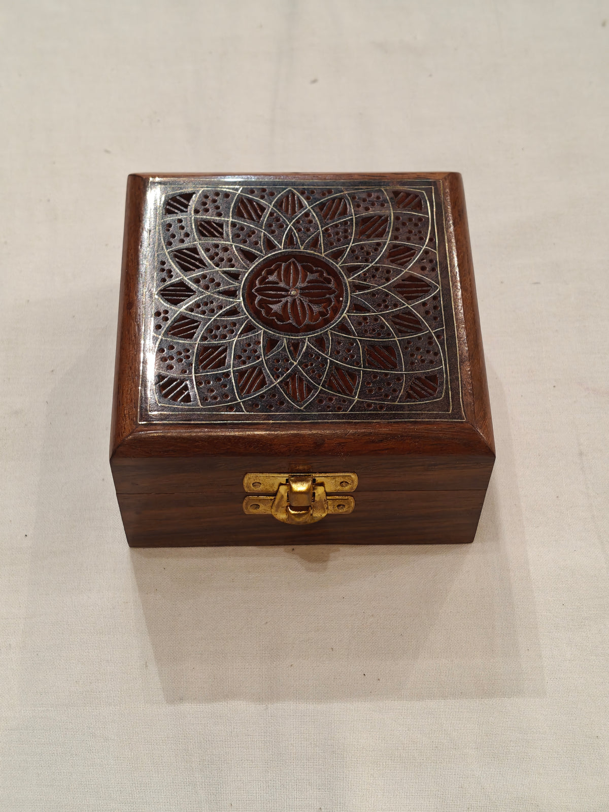 Brass inlay work wooden jewellery box - 4 × 4 × 2 Inches