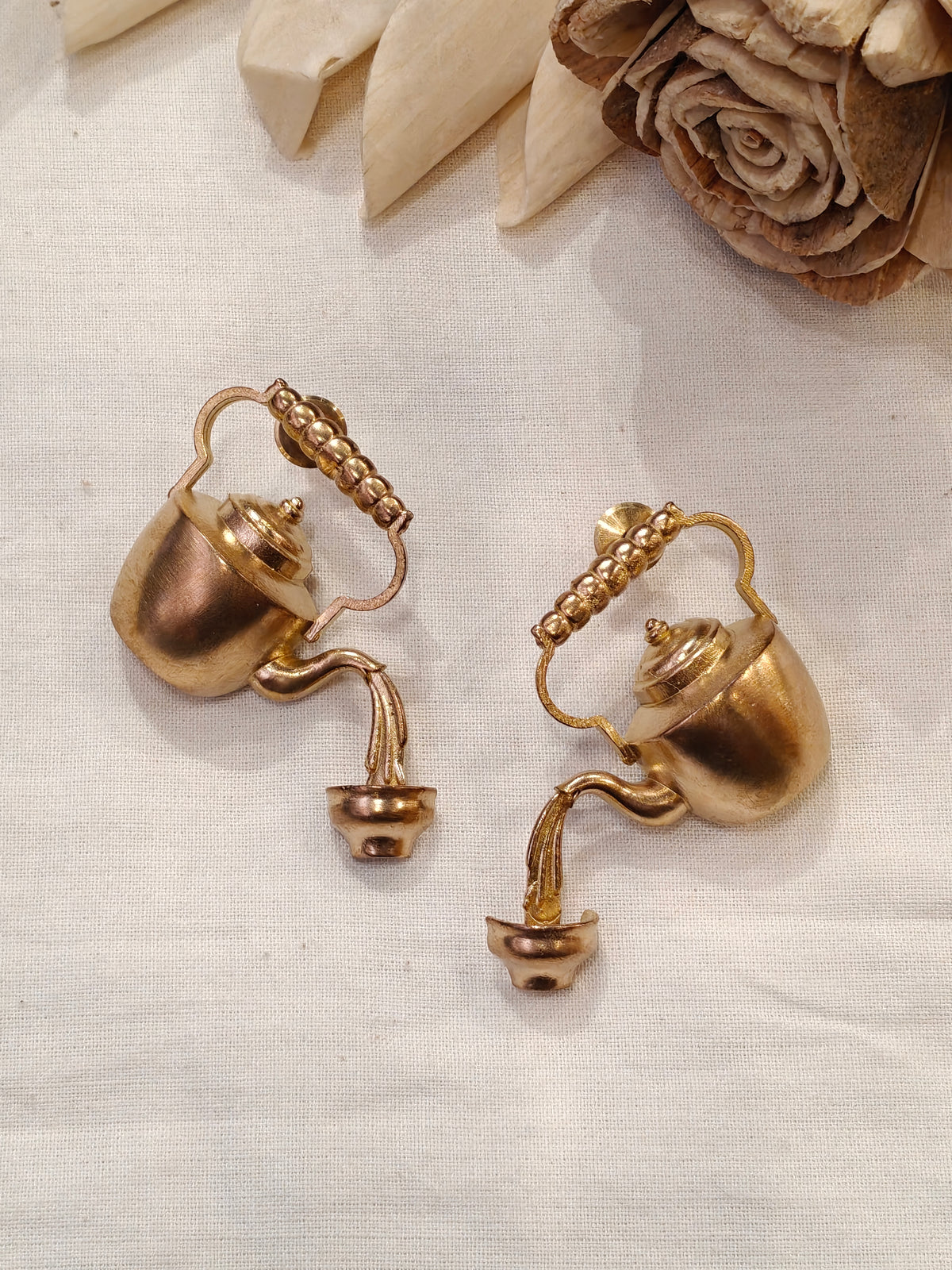 Kettle pouring tea design brass stud earrings