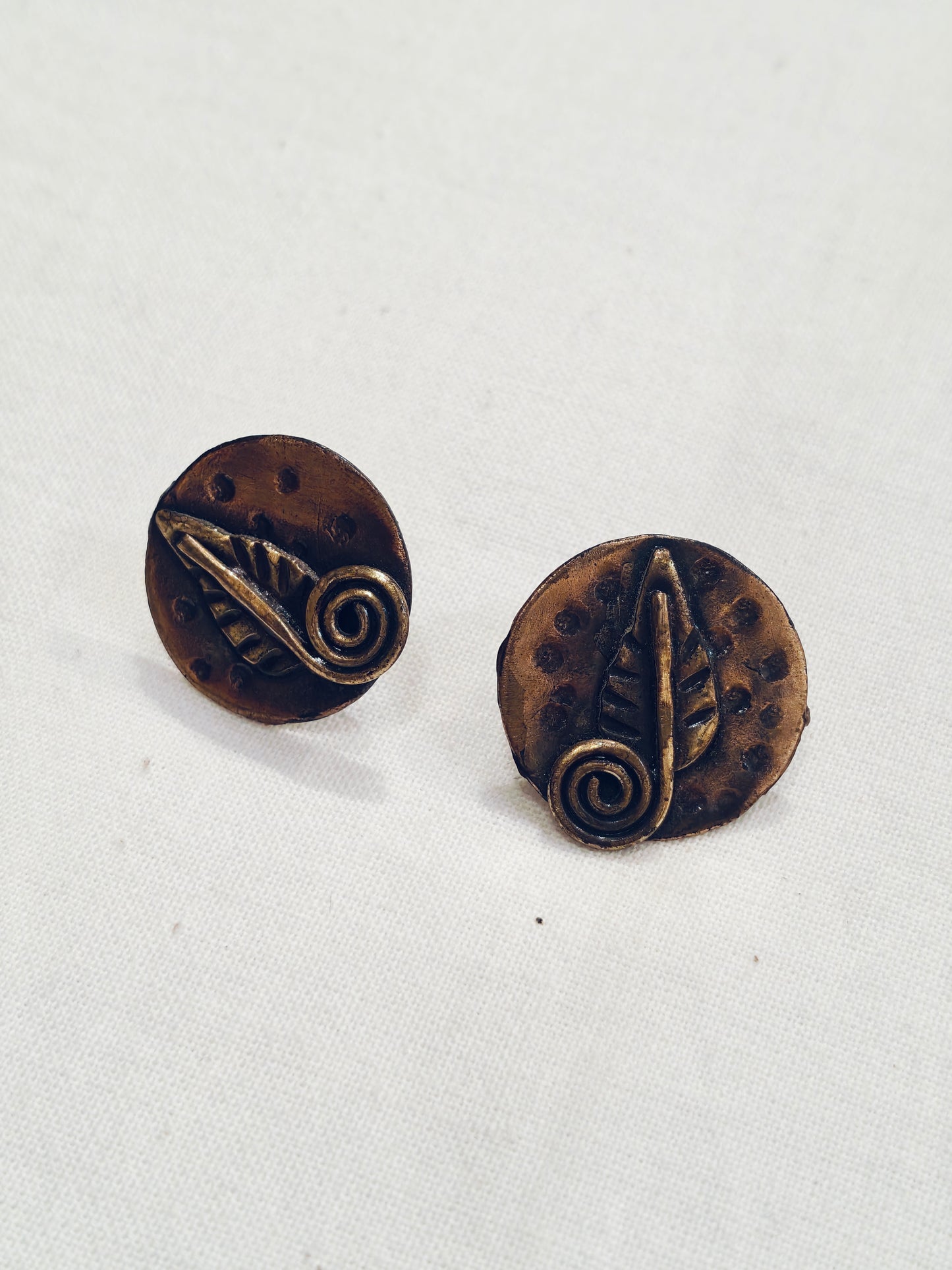 Leaf in a circle handcrafted copper n brass stud earrings