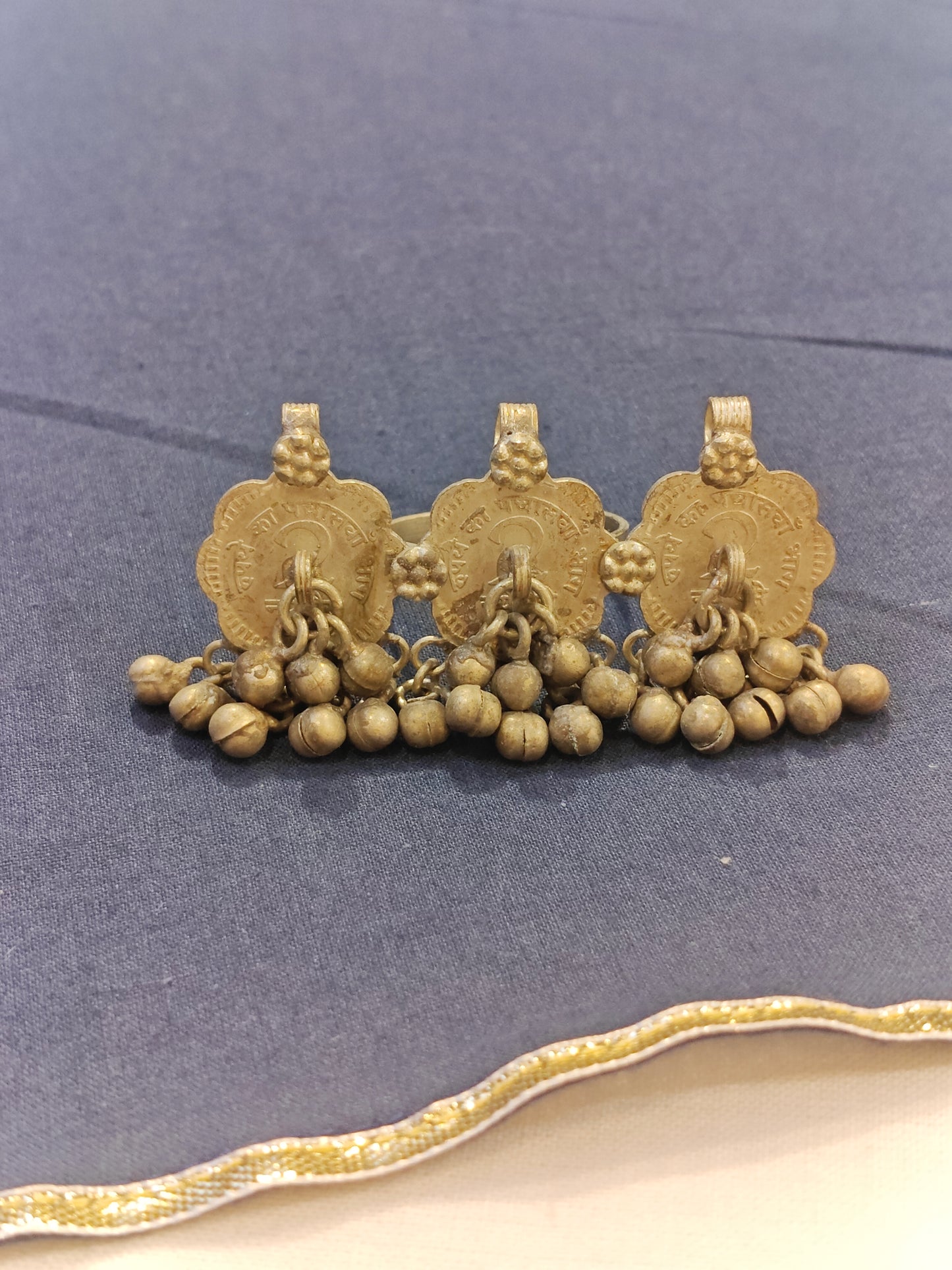 Three 2 paise coins in a row with ghungroos handcrafted finger ring
