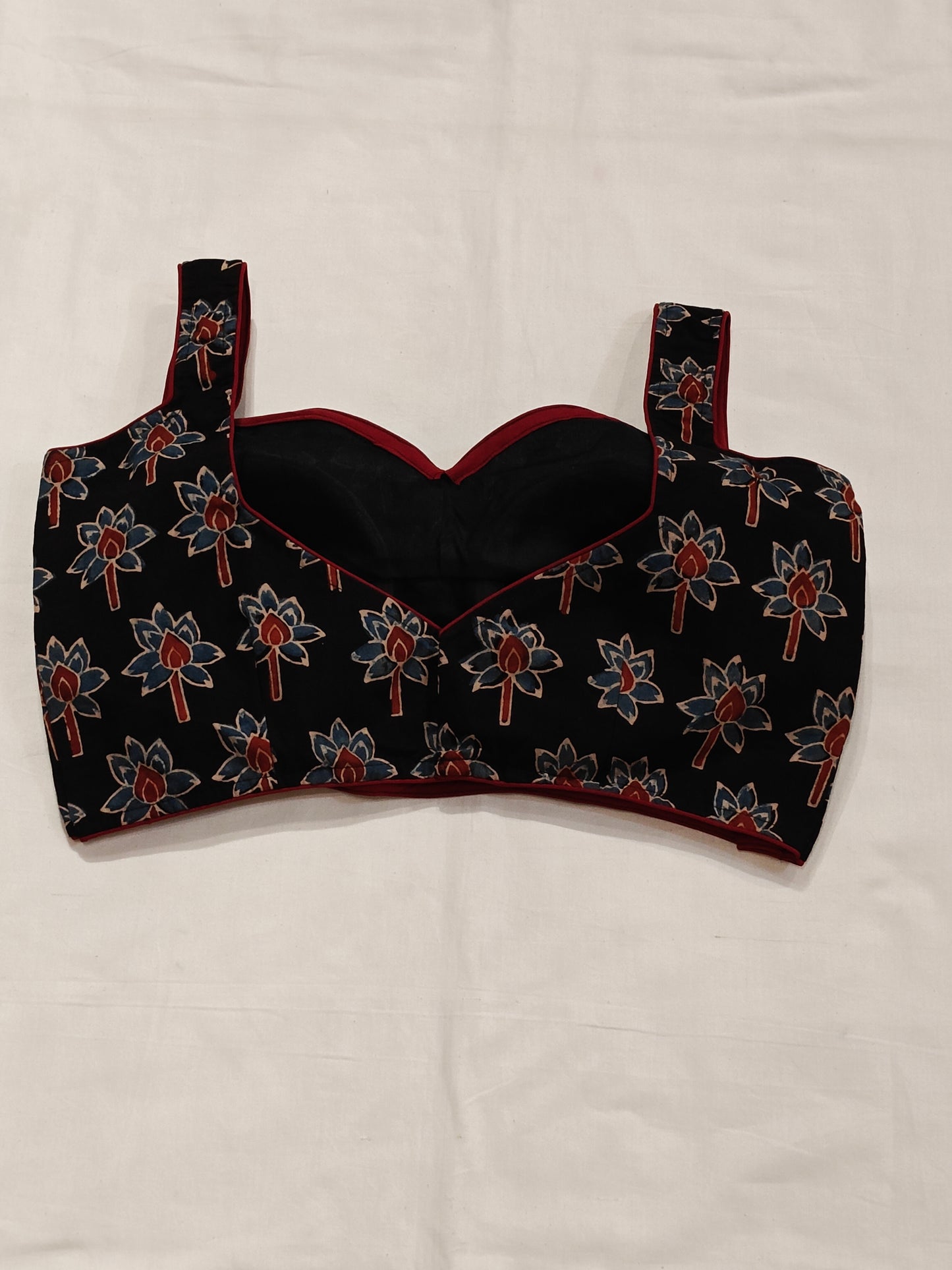 Indigo and maroon Ajrakh lotuses handblock printed sleeveless blouse
