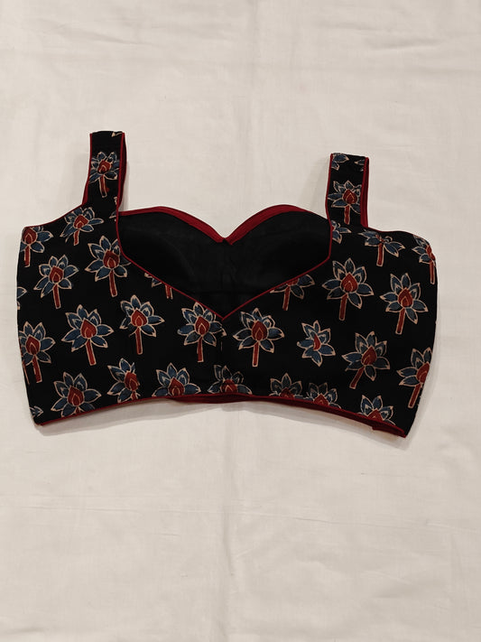 Indigo and maroon Ajrakh lotuses handblock printed sleeveless blouse