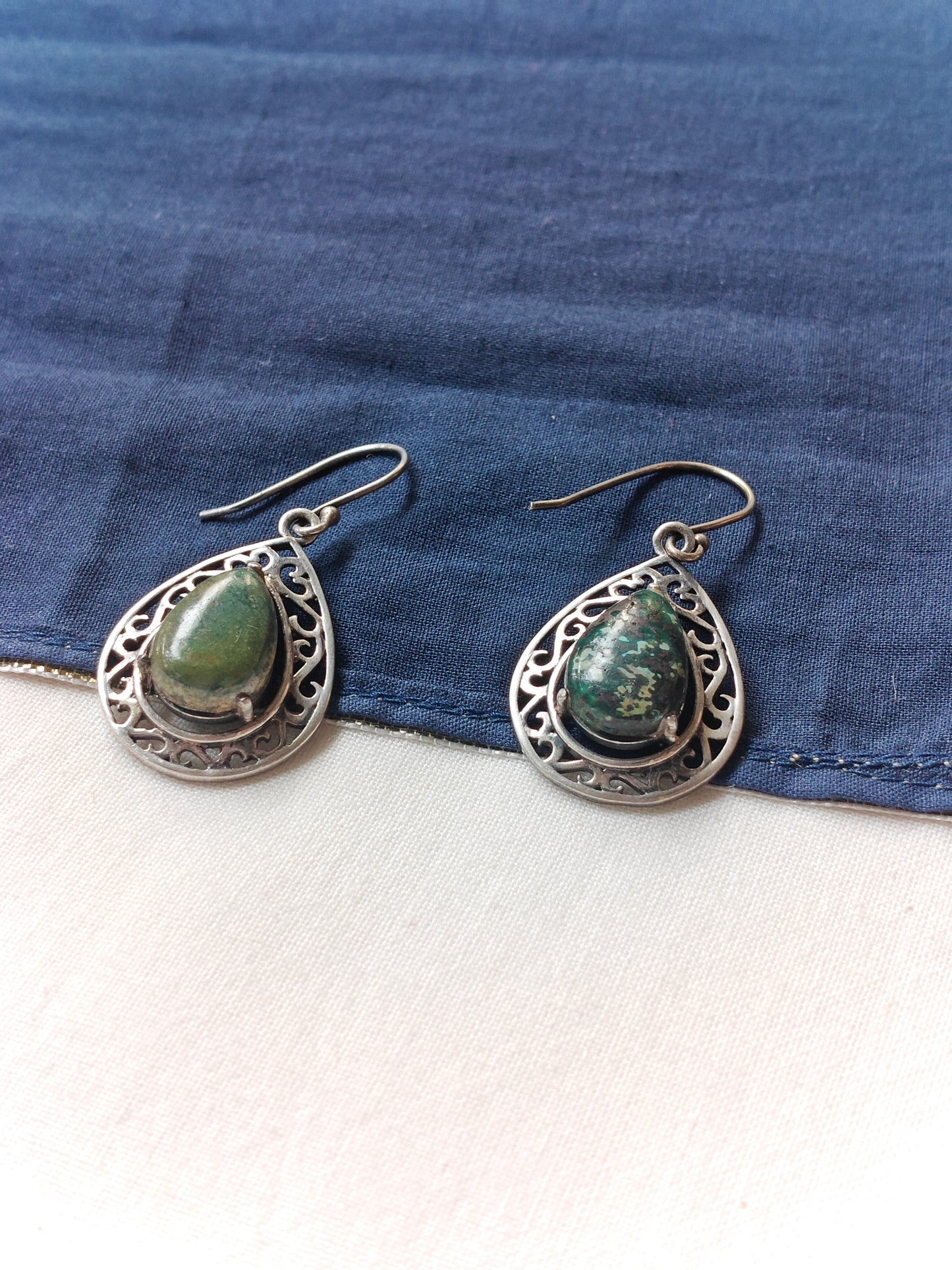 Green drop shaped hook earrings in 92.5 sterling silver