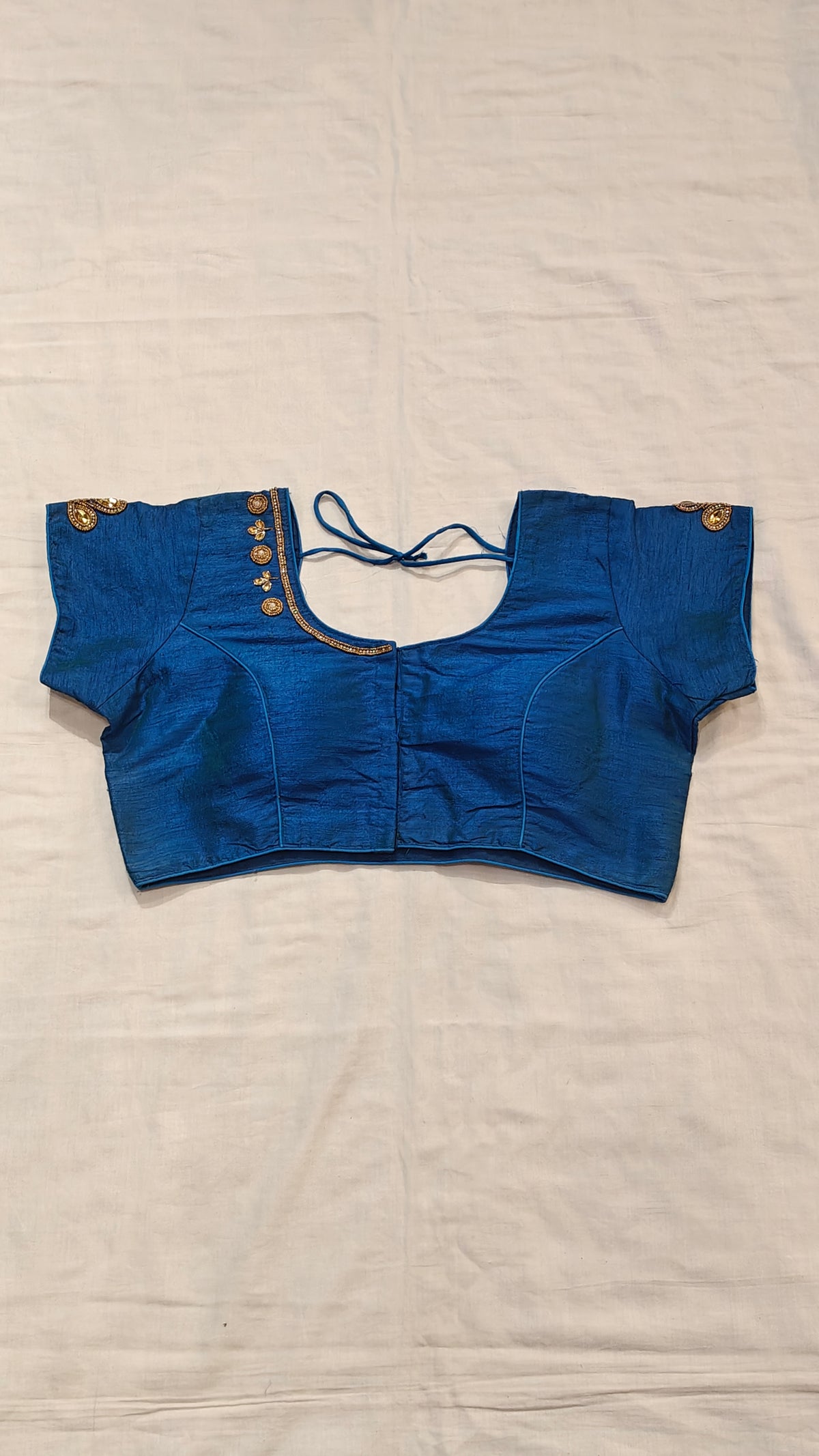 Blue blouse with golden beads embroidery on sleeves and half neck - short sleeved, front open