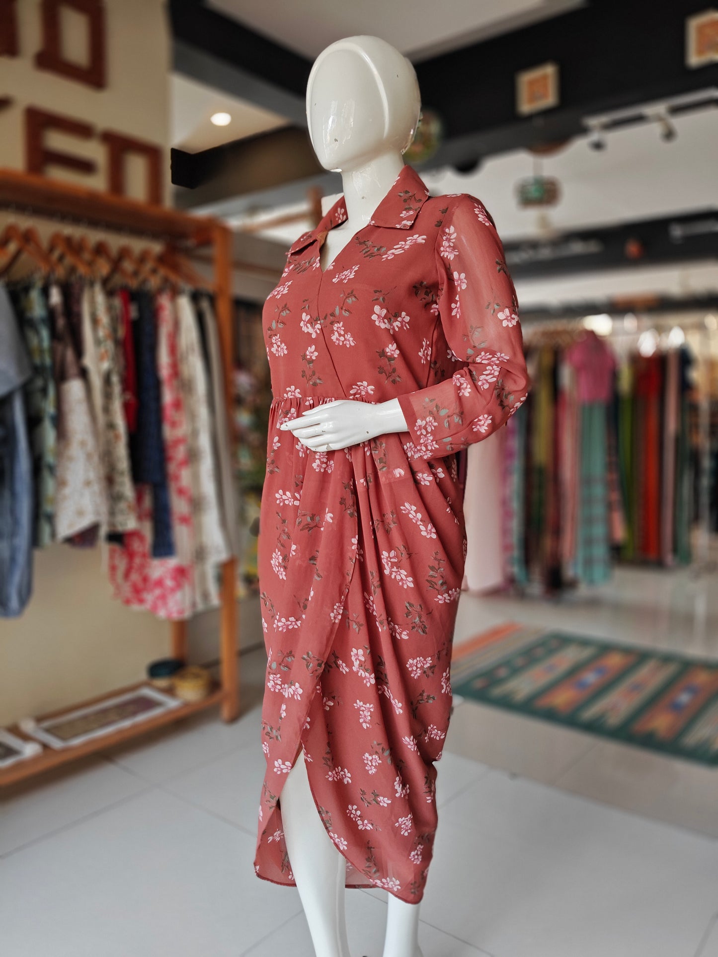 Brown with floral prints collared, drape style georgette dhoti dress