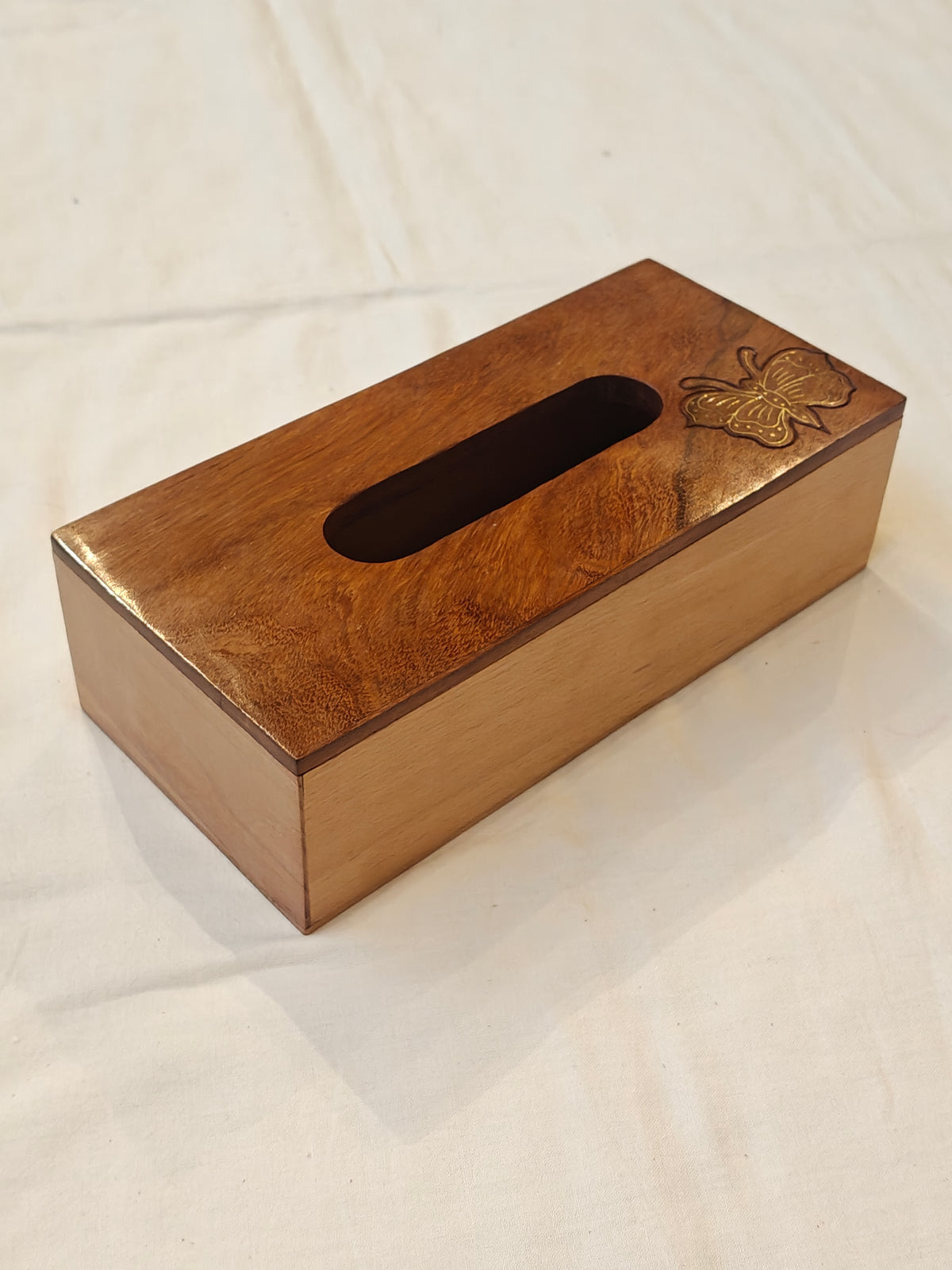 Wooden tissue holder with brass inlay butterfly design