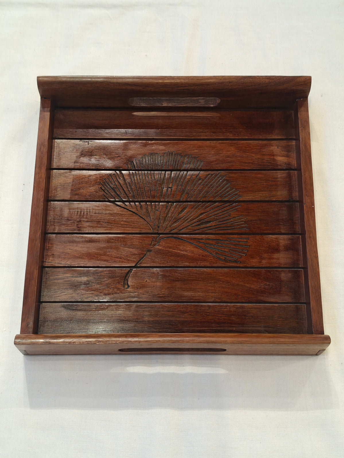Engraved Ginkgo leaf design wooden handcrafted tray - 10 x 10 inches
