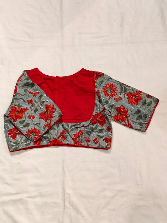 Sea green n orange floral printed cotton elbow sleeves blouse