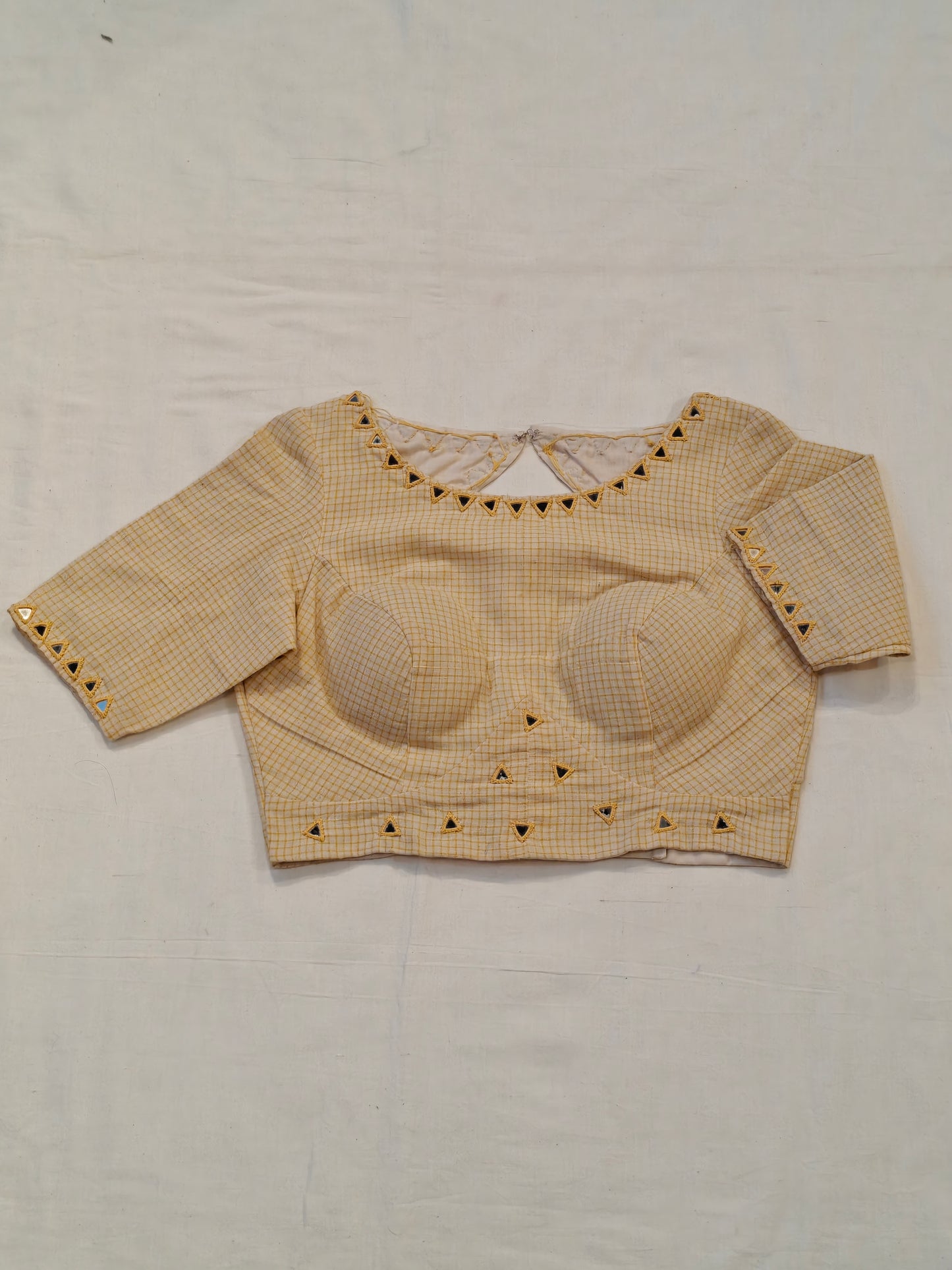 Yellow handloom kala cotton checks elbow sleeves blouse with mirror work