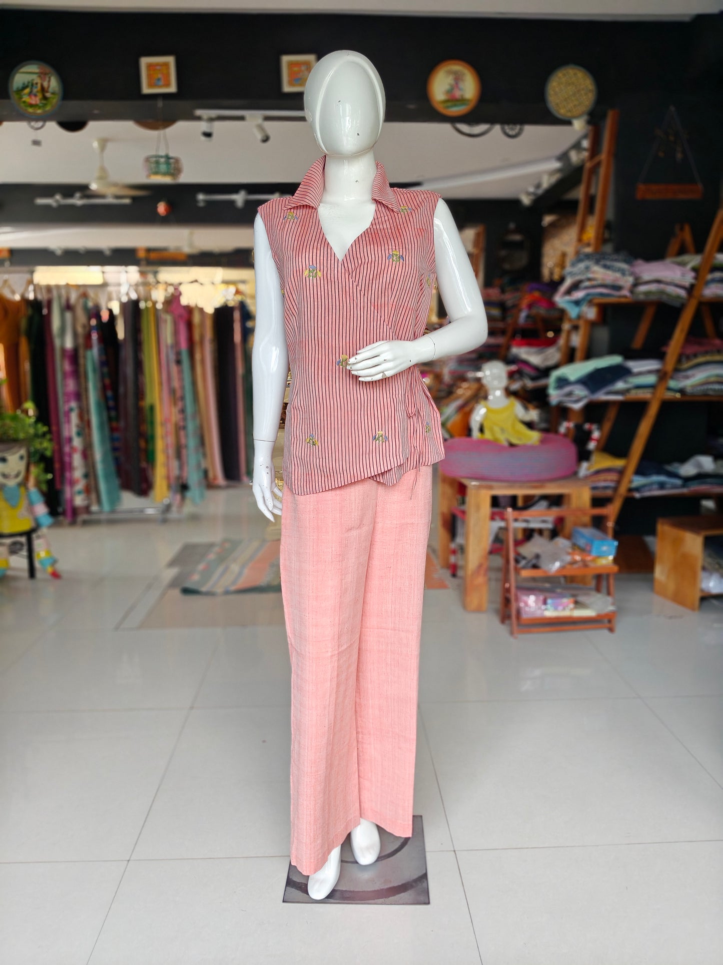 Peach striped and embroidered top with plain pants - 2 piece coord set
