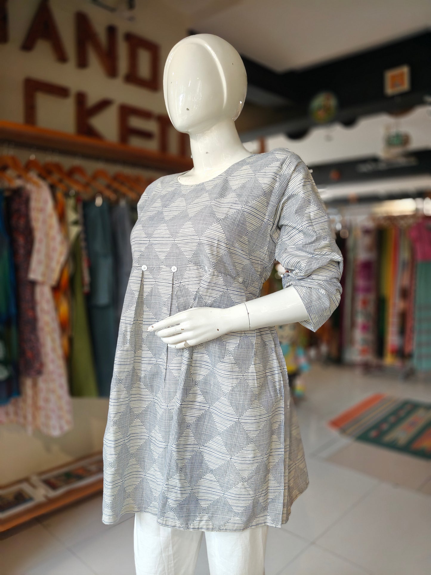 Blue and white diamonds and stripes cotton tunic top