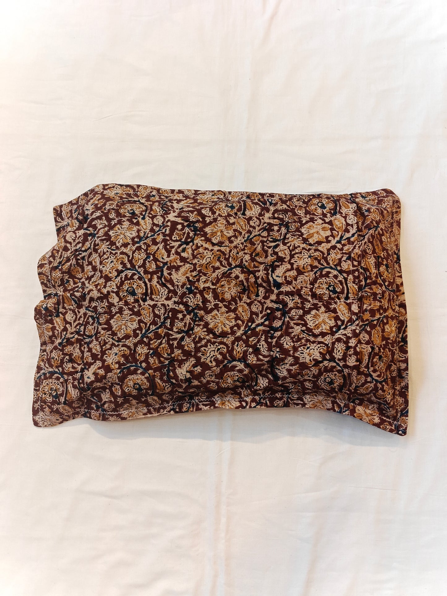 Brown beige floral Kalamkari hand block printed cotton pillow cover