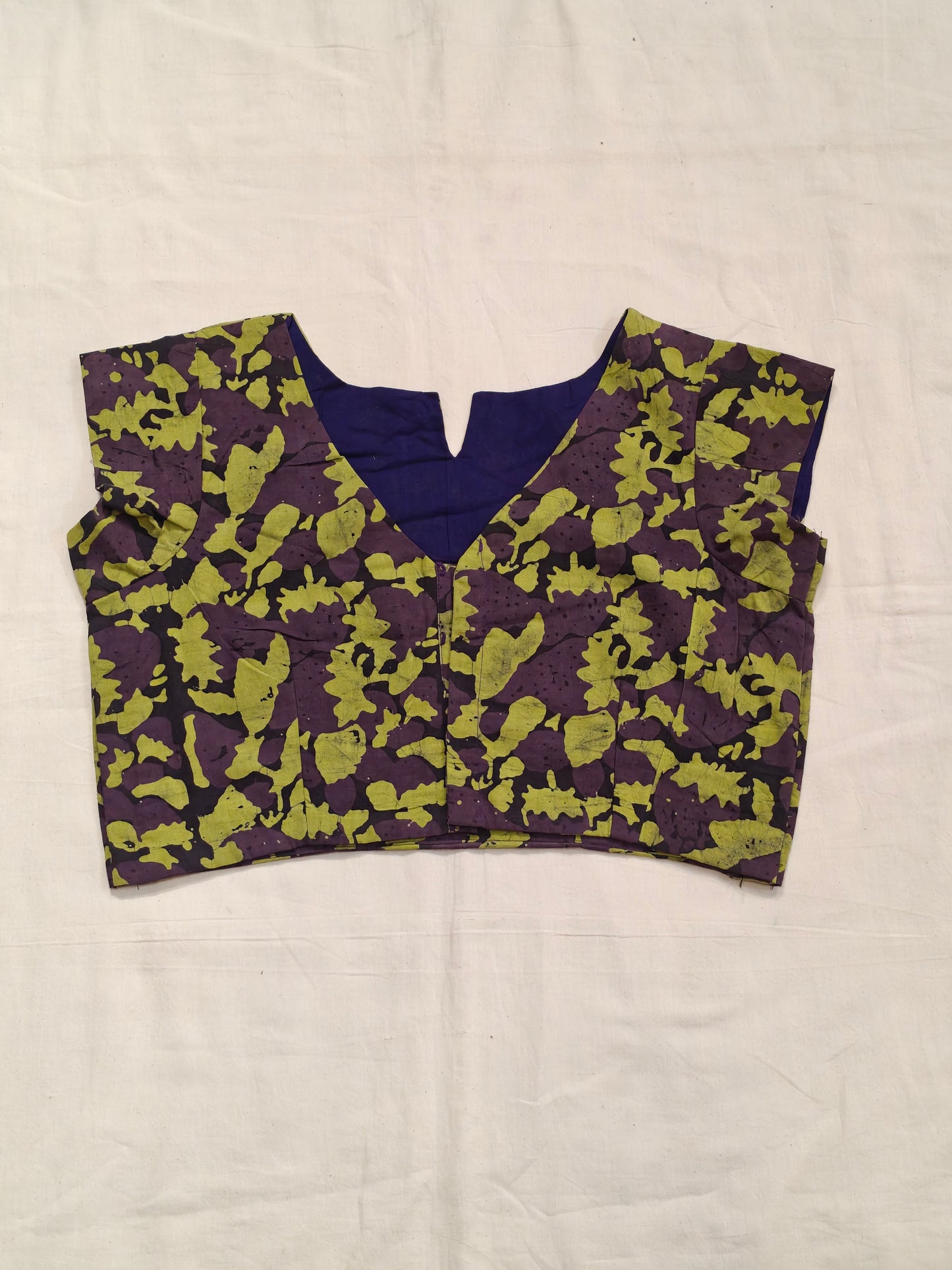 Violet and green batik handblock printed cotton v-neck blouse