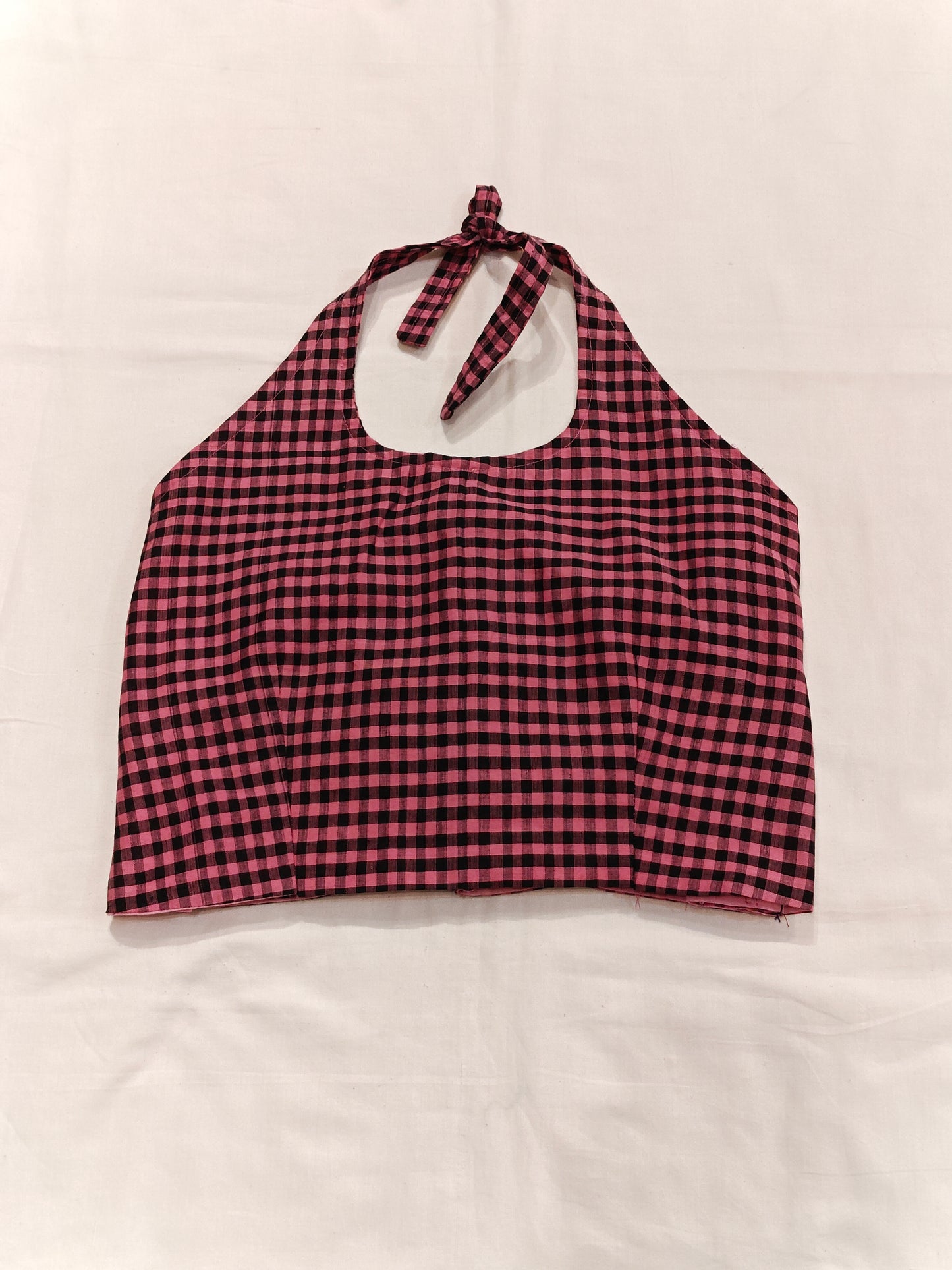Pink and black checkered halter neck handloom cotton blouse